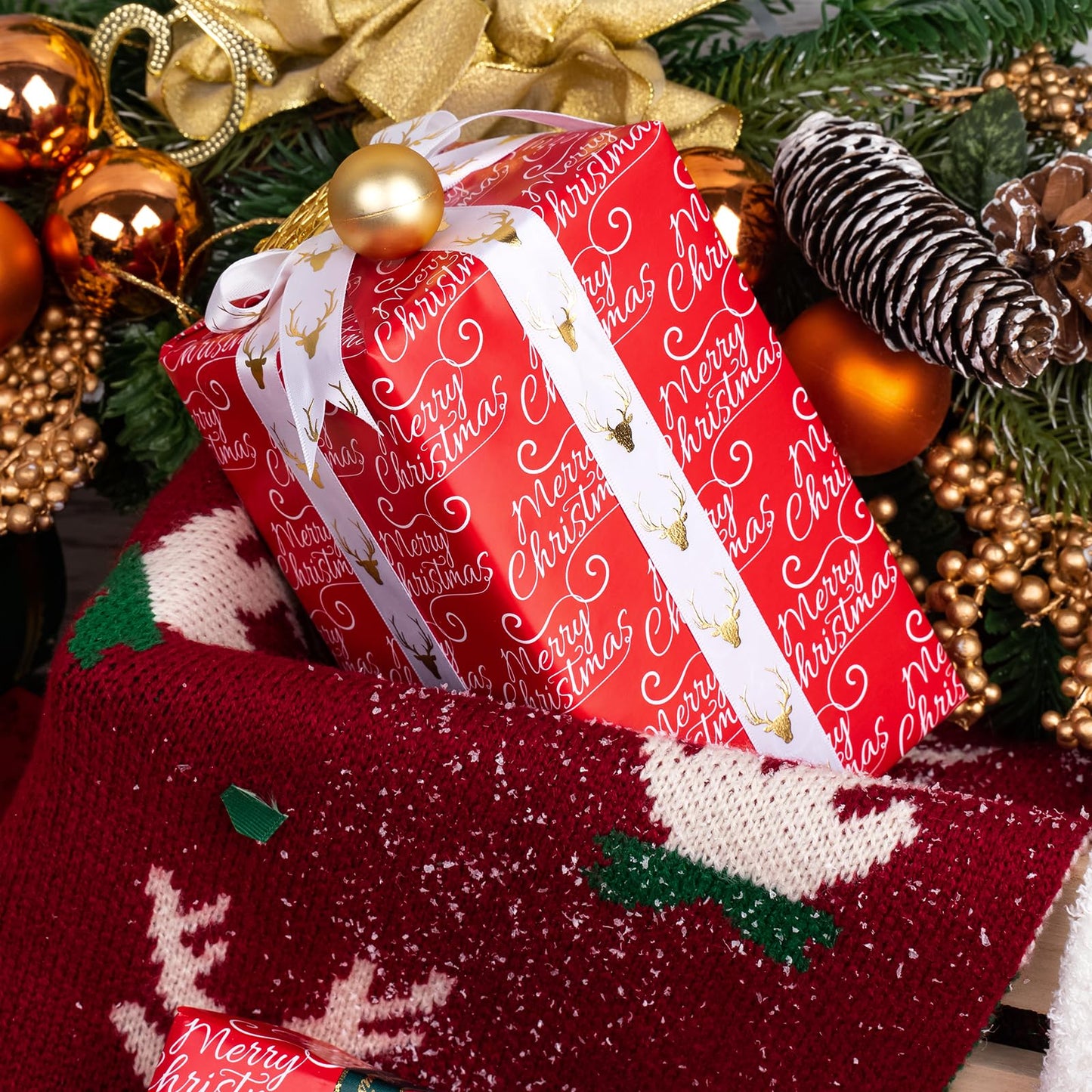 Reversible Red Christmas Wrapping Paper - Mini Roll - 17 Inch x 33 Feet - Merry Christmas and Solid Red Wrapping Paper for Holiday, Party Celebration