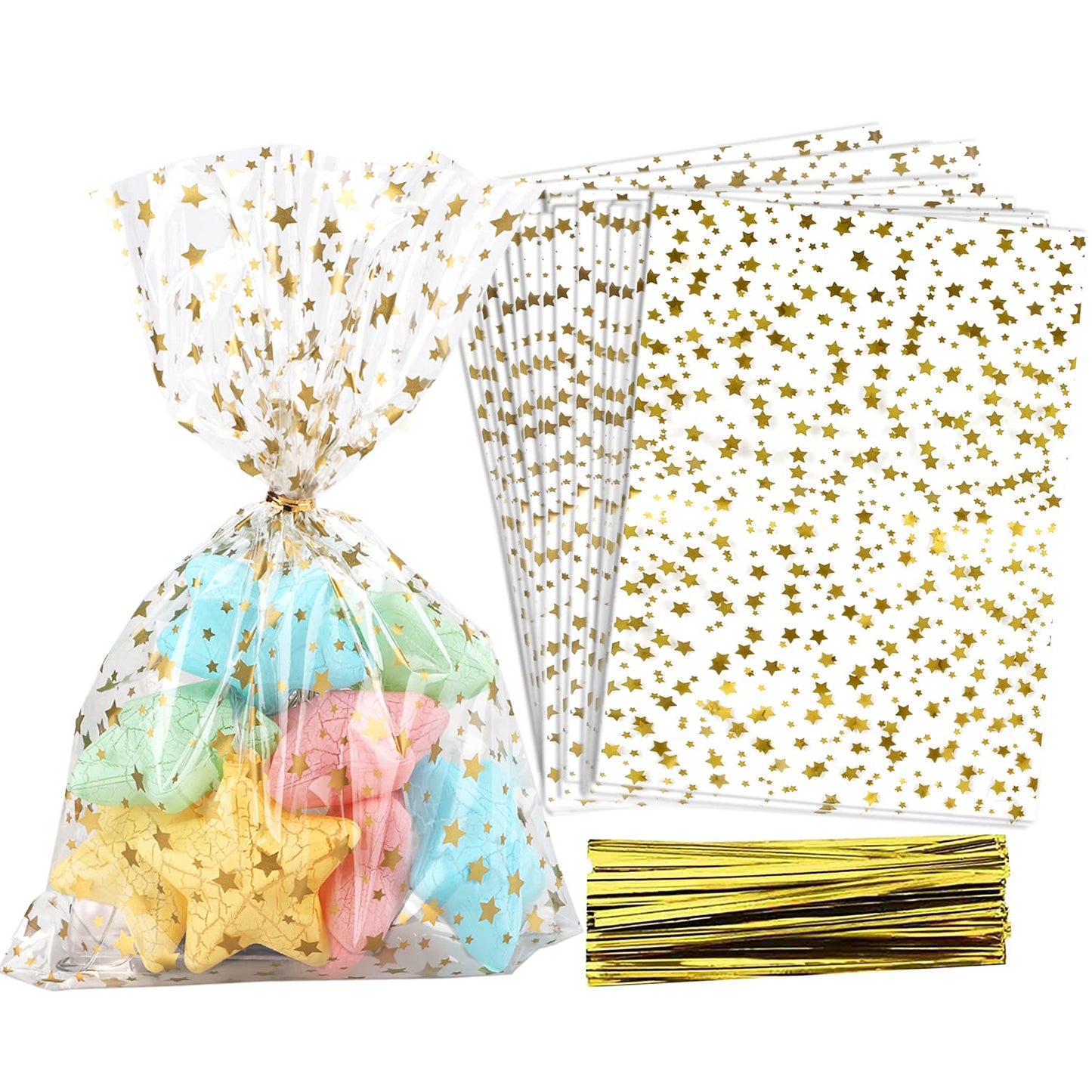 COQOFA 100 Pcs Star Printed 5"X 7" Gift Wrap Cello Cellophane Treat Bags Party Favor bags Clear Candy Cookie Bags Plastic Poly Goodie Storage Bags with Twist Ties for Bakery,Birthday, Wedding,Party