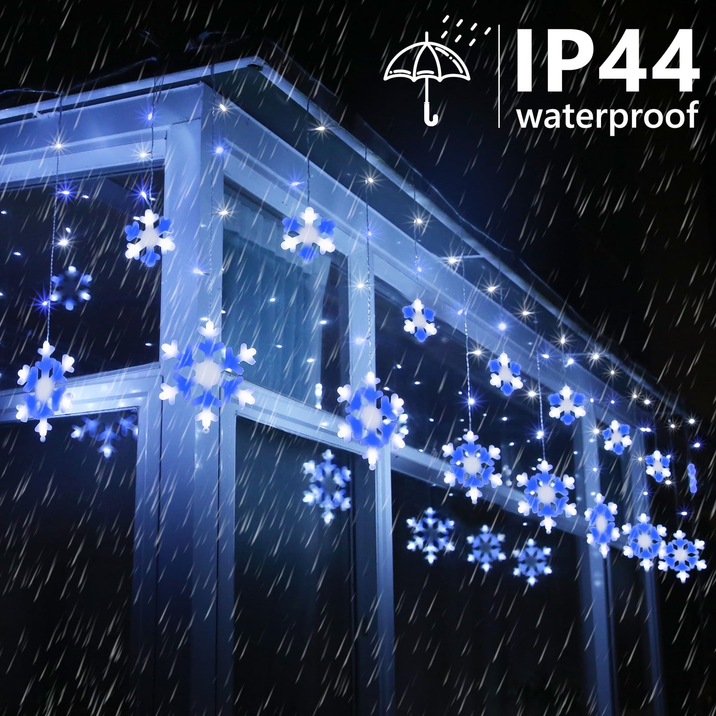 Christmas Snowflake Lights Outdoor, 17.22ft 264 LED Snowflake Icicle Lights with 22 Drops, Connectable, 8 Modes Waterproof Christmas Light for Eaves, Window, Xmas Decor - White & Blue