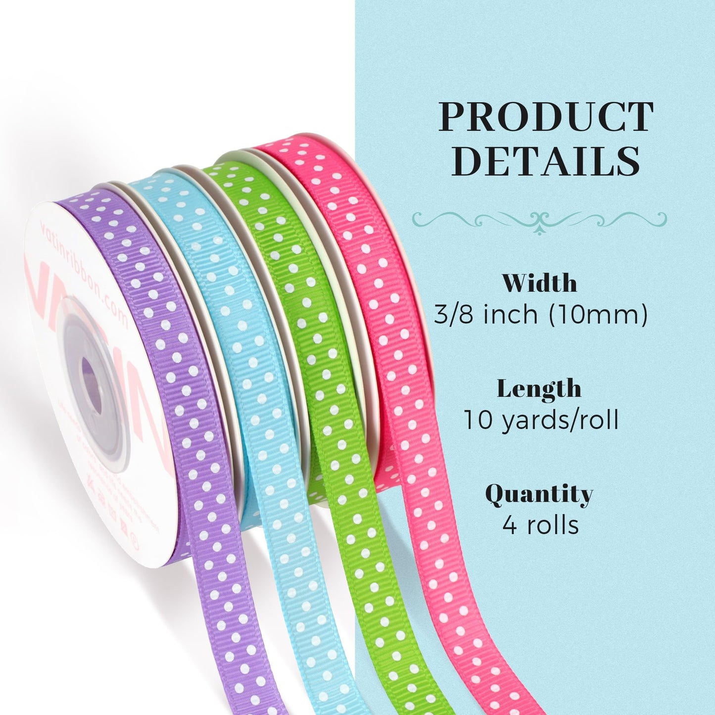4 Rolls 3/8-Inch Easter Grosgrain Polka Dot Ribbon,Total 40 Yards,(Hot Pink/Blue Mist/Hyacinth/Apple Green),Spring Ribbon Use for Gift Wrapping