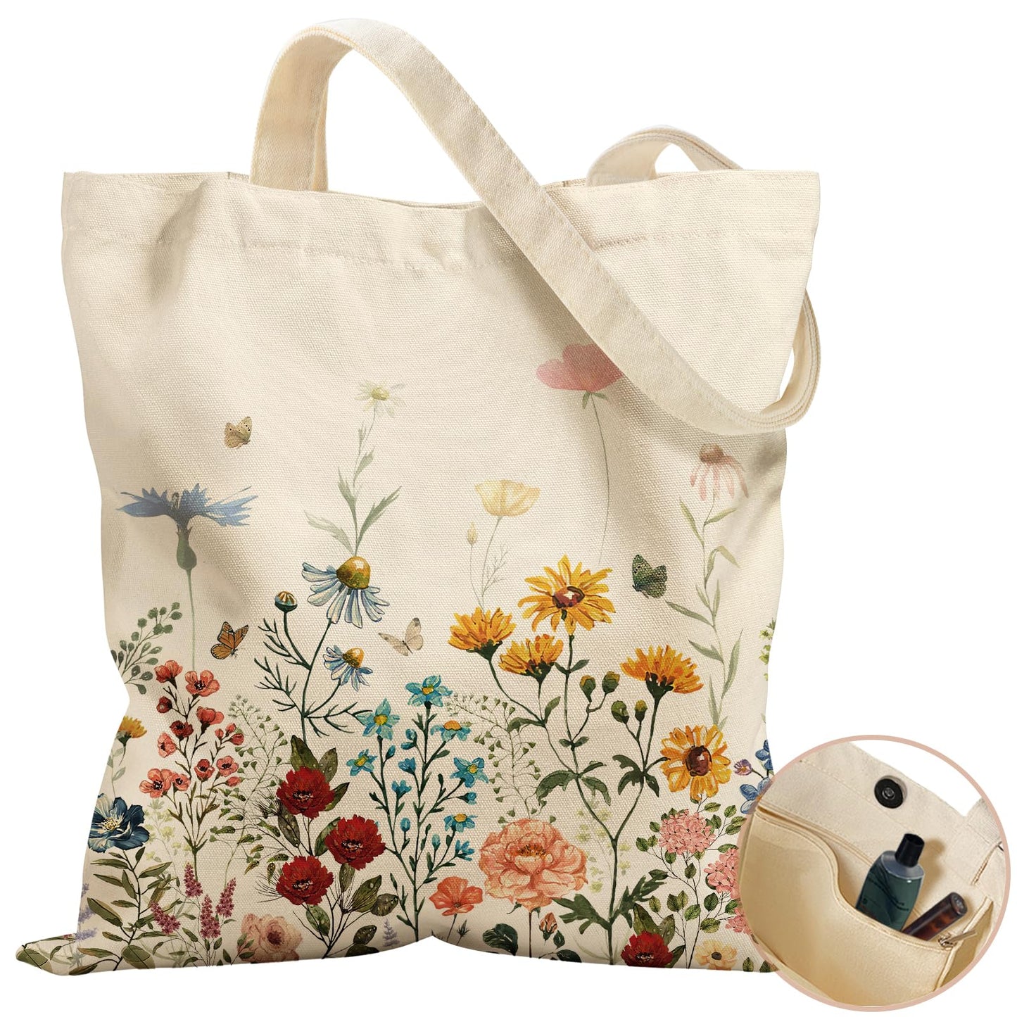 Miss Adola Aesthetic Tote Bag - with Magnetic Buckle and Zipper Inner Pocket for Women Lady Cloth Cotton Tote Bag for Gym, Work, Travel, Shopping, Retro Flower