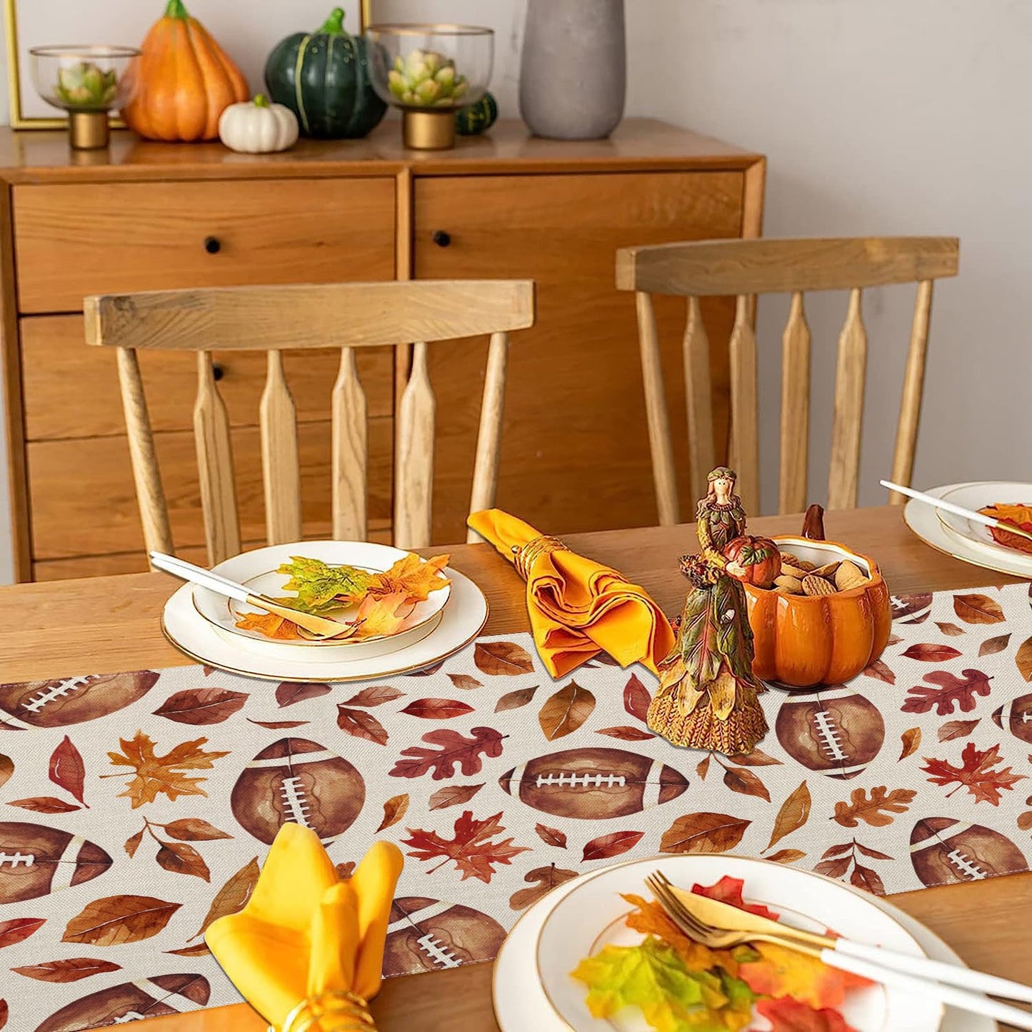 Fall Table Runner 13x72 Inch,Football with Maple Leaves Table Decors for Seasonal Harvest Autumn Thanksgiving Farmhouse Home Kitchen Dining Party