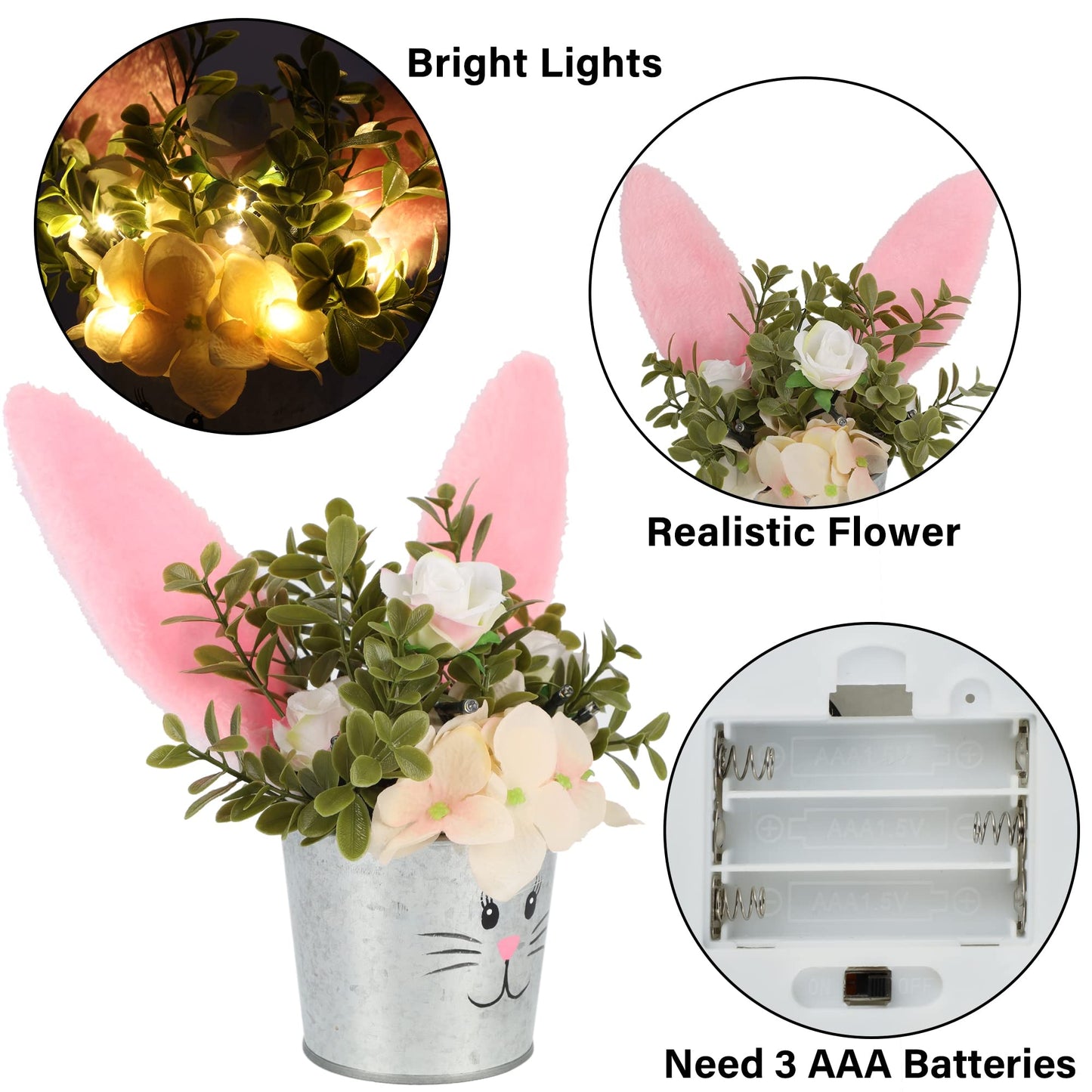 Easter Table Decorations Artificial Flower with Bunny Ear, Lighted Desk Decor Bunny Flowers, Easter Tabletop Decorations for Home Table Mantle Office Spring Party