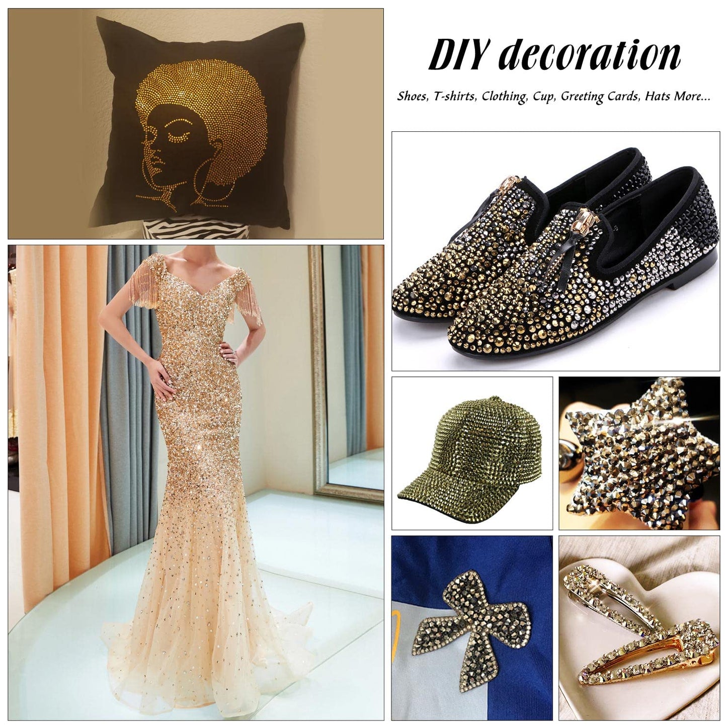 MEIBITE 6796PCS Gold Hotfix Rhinestones Crystal Stones Glass for Fabric Clothes Shirts Sparkly Flat Back Round with Tweezers and Picking Pen (SS6~SS30 Set)