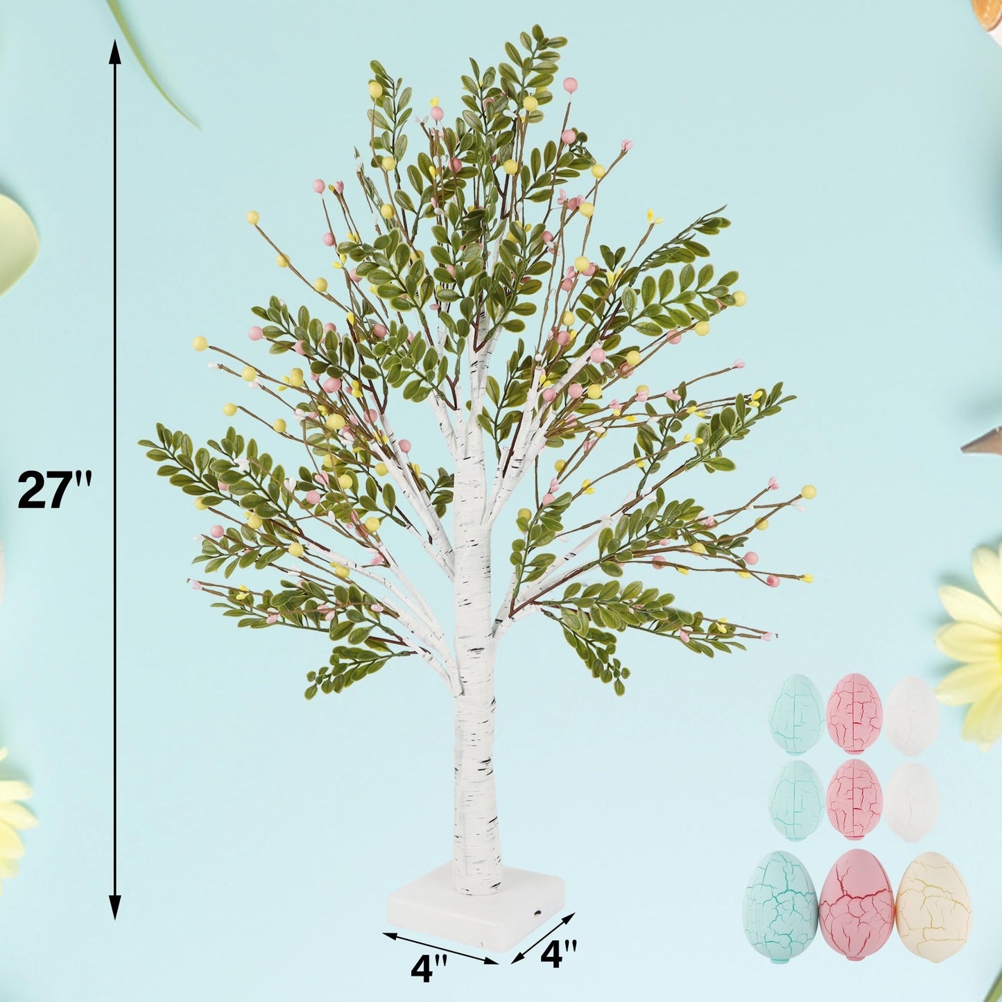 27 Inch Easter Decorations for Home – 2 Pack Lighted Easter Trees, Light Up Birch Trees with Easter Egg, Tabletop Spring Decor for Mantel Indoor Office