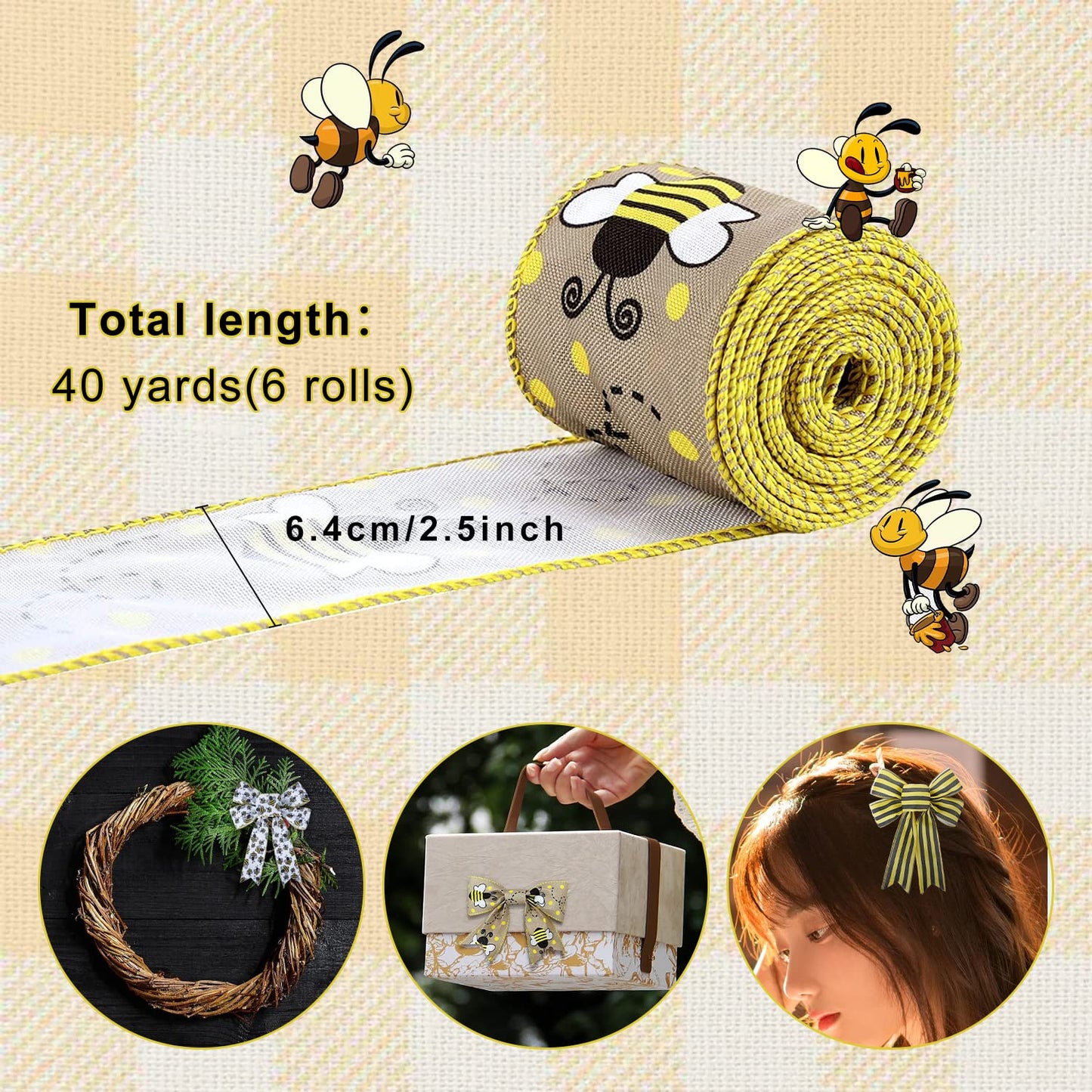Bee Ribbons 6 Rolls Bee Wired Ribbon Sewing DIY Craft Bee Fabric 40 Yards 2.5 Inch Yellow Ribbon Stripe Gingham Dot Summer Ribbon Craft Bees for Bows Wreaths Wrapping Party Decorative