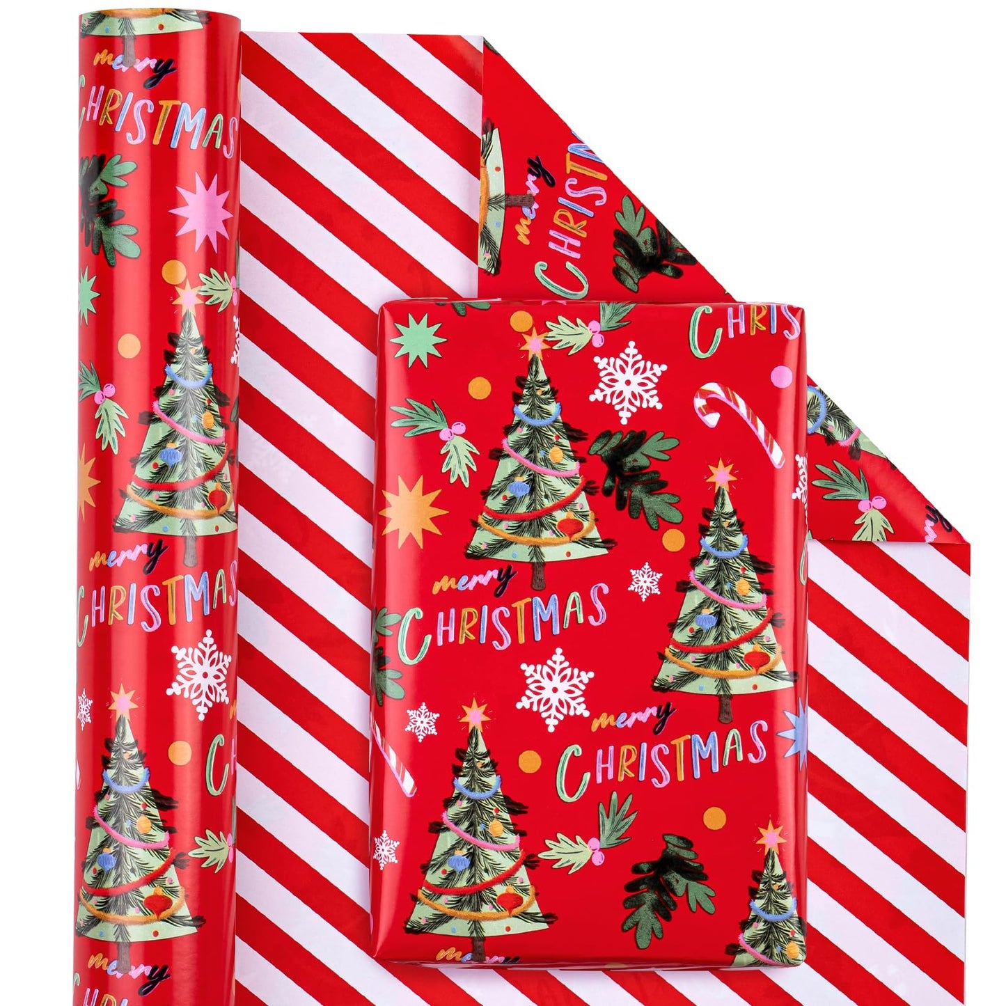 Reversible Christmas Wrapping Paper - Mini Roll - 17 Inch x 33 Feet - Red Christmas Tree Wrapping Paper and Stripe Design for Holiday, Party Celebration