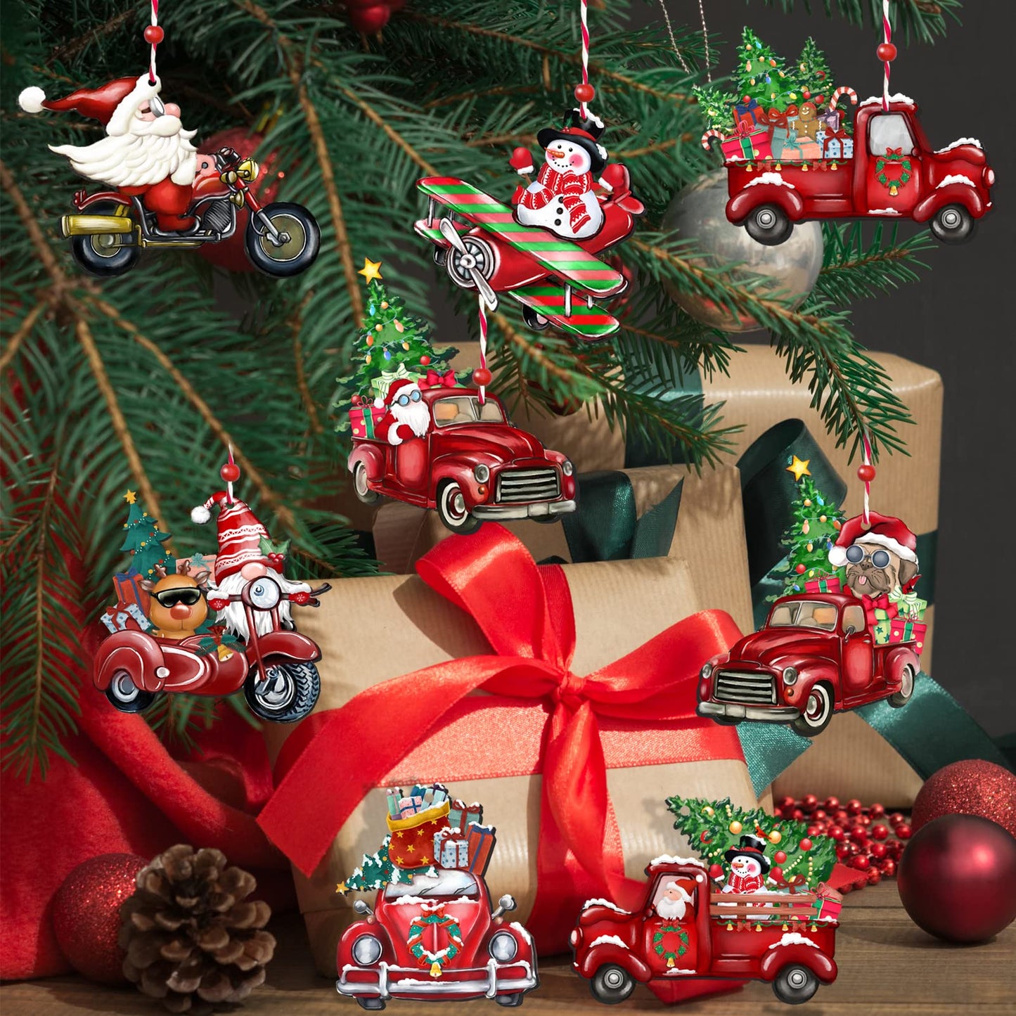 JOPHMO Wooden Christmas Truck Ornaments Red Truck Wooden Hanging Ornaments Wooden Car Crafts with Bead Farmhouse Hanging Decor for Xmas Tree Decoration Holiday Parties Craft Supplies 24 Pieces