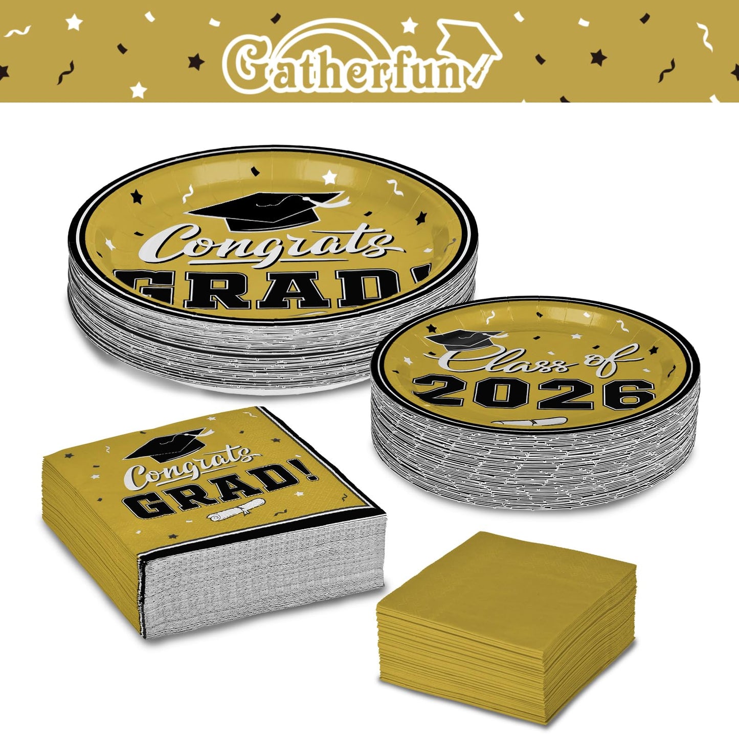Graduation Party Plates and Napkins Gatherfun Graduation decorations 2026 Gold Disposable Paper Plates Luncheon Napkins Cocktail Napkins for Congrats Grad Party Decorations, Serve 50