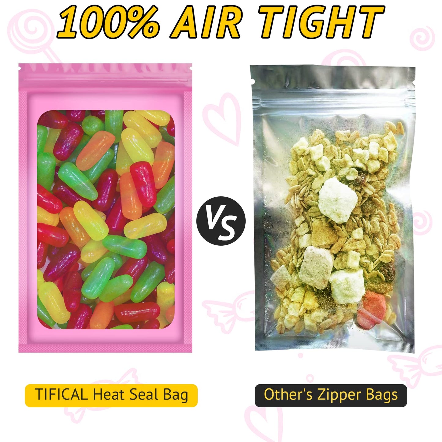 TIFICAL 100 PCS Smell Proof Bag, Packaging Bags, Holographic Mylar Bags, Foil Resealable Bags for Small Business Candy Jewelry Bracelet Party Favor Food Storage Sample Supplies (2.4×3.9 Inch, Pink)