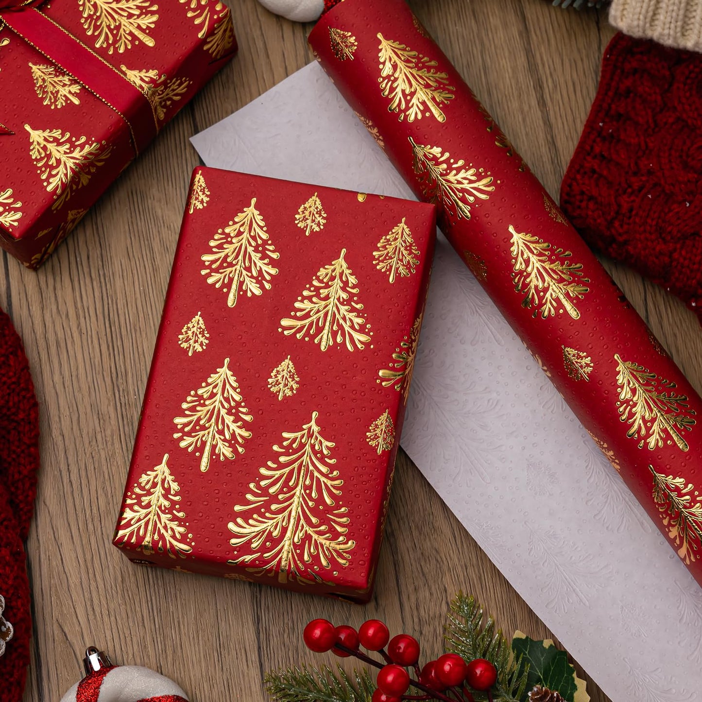 Kraft Christmas Wrapping Paper,Red and Gold 3D Embossed Foil Christmas Trees with Woodlands Wrap Paper for Holiday, Party,Celebration, New Year (17 Inch X 32.8 Feet)