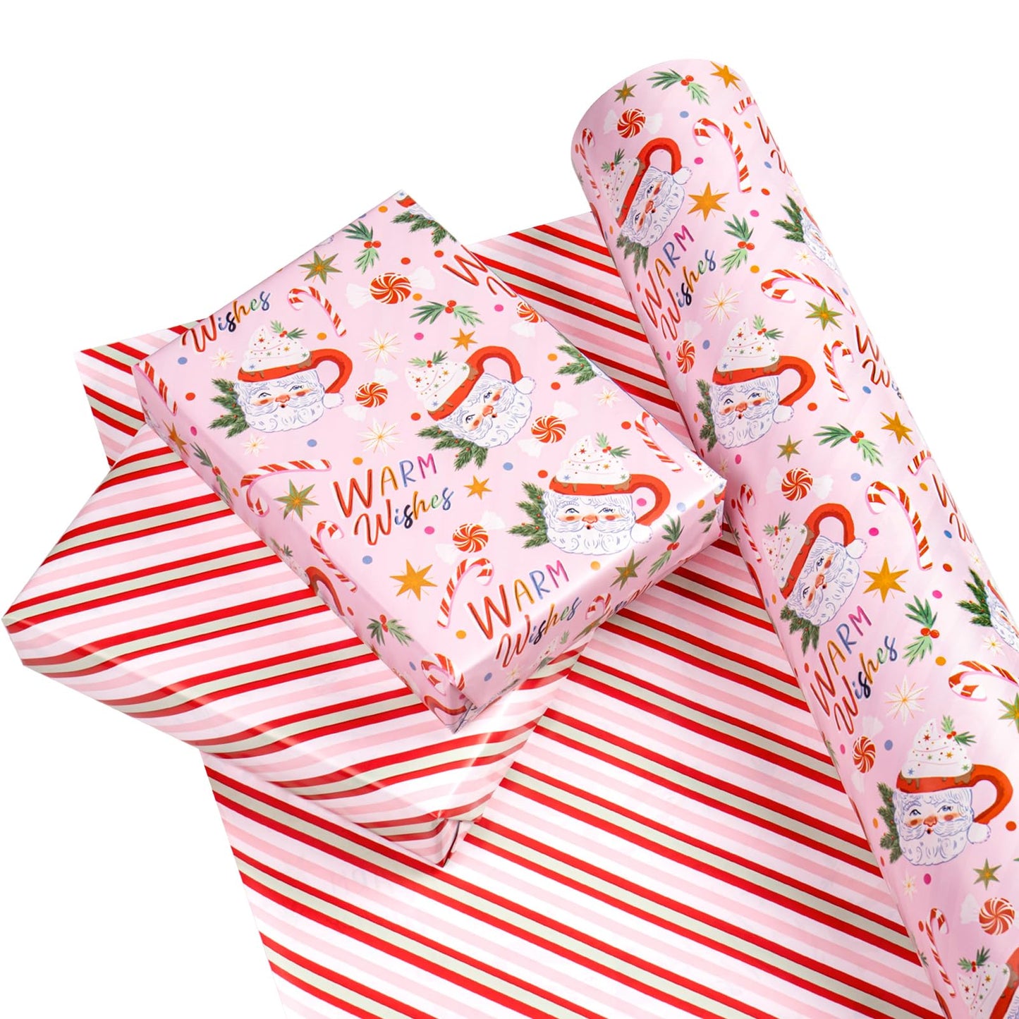 30 Inch Jumbo Reversible Christmas Wrapping Paper - 30 Inch x 33 Feet - Santa Claus Cup and Stripe Wrapping Paper for Chrsitmas, Holiday, Party Celebration