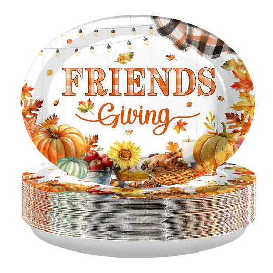 Grencian 50Pcs Friendsgiving Oval Paper Plates Thanksgiving Party Decorations 10" x 12" Large Disposable Autumn Fall Pumpkin Maple Leaves Platter for Thanksgiving Harvest Friends Thanks Party Supplies