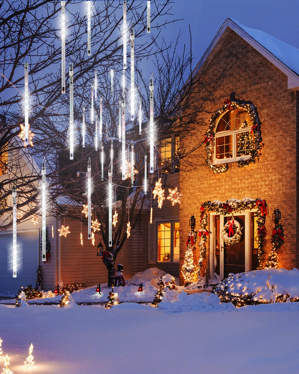 Cool White 20 Tubes Meteor Shower Icicle Lights 480 LED Raindrop Lights with Timer Function Cascading Falling Rain Light for Holiday Party Christmas Decorations