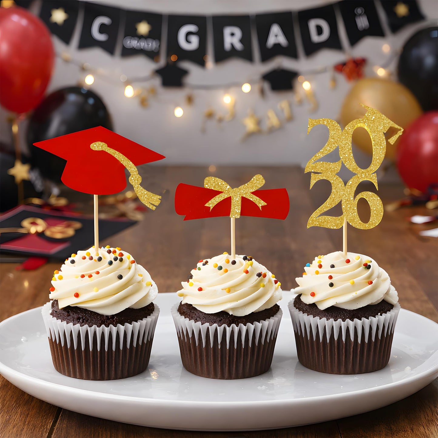 OHOME Graduation Decorations 2026-36 PCS Graduation Cupcake Toppers - 2026 Graduation Party Decorations - Mini Cake Decorations for Class of 2026,Diploma, 2026, Grad Cap Set (Red)