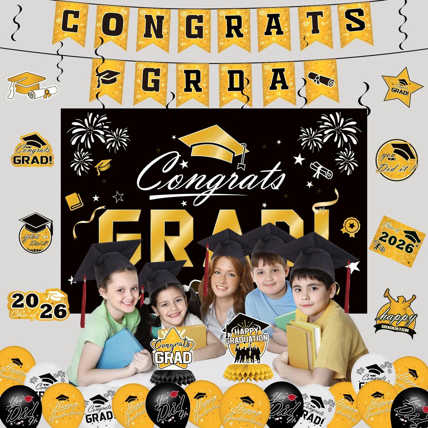 Graduation Decorations 2026 Set - Gold Themed Congrats Grad Banner, Backdrop, Hanging Swirls, Balloons - Complete Party Supplies for High School, College Graduation Decorations