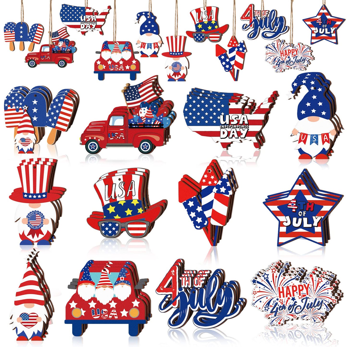 36 Pieces 4th of July Ornaments for Tree Independence Day Wooden Gnome Hanging Decor Red White Blue Wooden Decor Memorial Day Leprechaun Cutouts Pendant for Independence Day Party Home Supplies