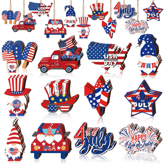 36 Pieces 4th of July Ornaments for Tree Independence Day Wooden Gnome Hanging Decor Red White Blue Wooden Decor Memorial Day Leprechaun Cutouts Pendant for Independence Day Party Home Supplies