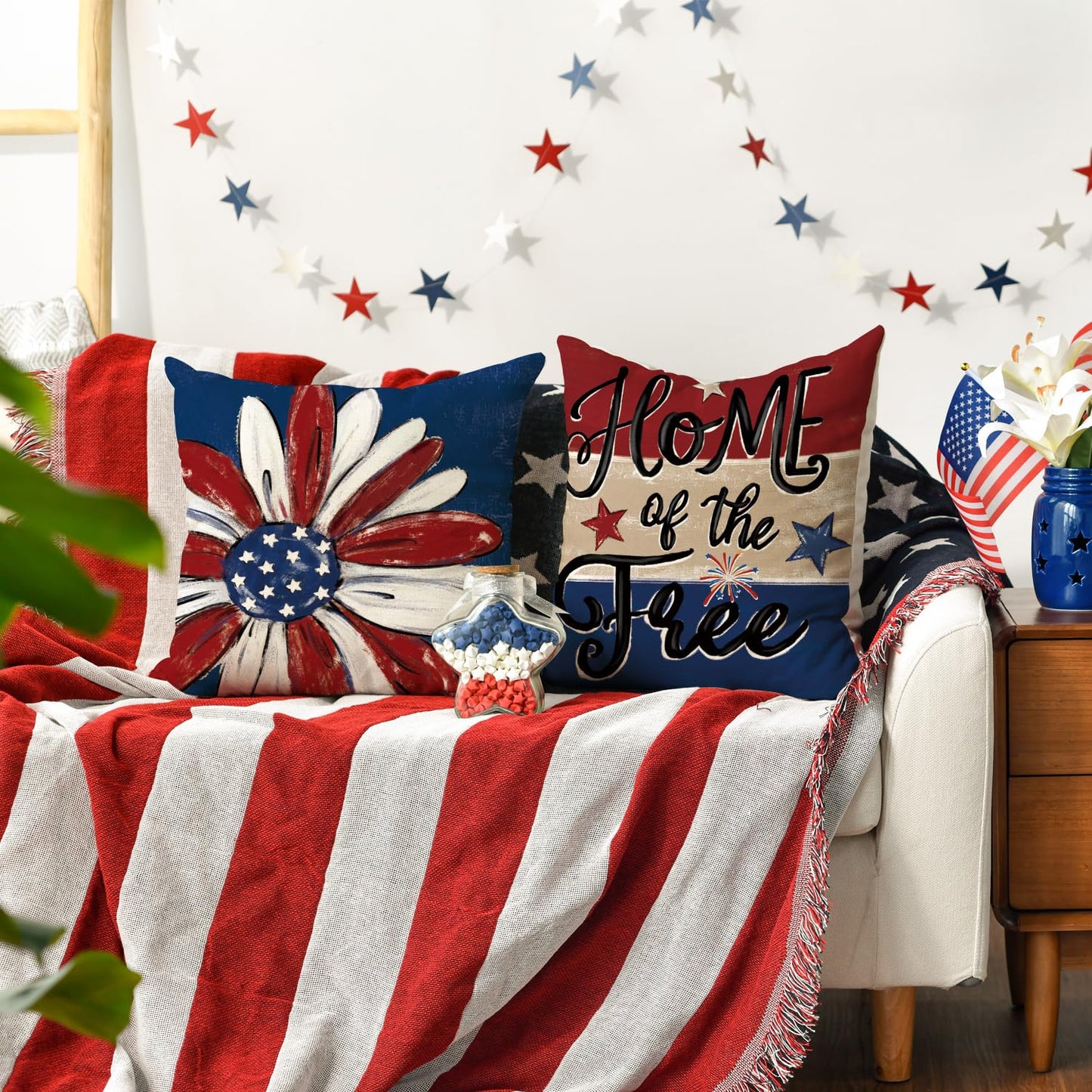 AVOIN colorlife Let Freedom Ring Stars Fireworks Red White Flower Throw Pillow Covers, 18 x 18 Inch 4th of July Patriotic Independence Memorial Day USA Flag Cushion Case for Sofa Couch Set of 4