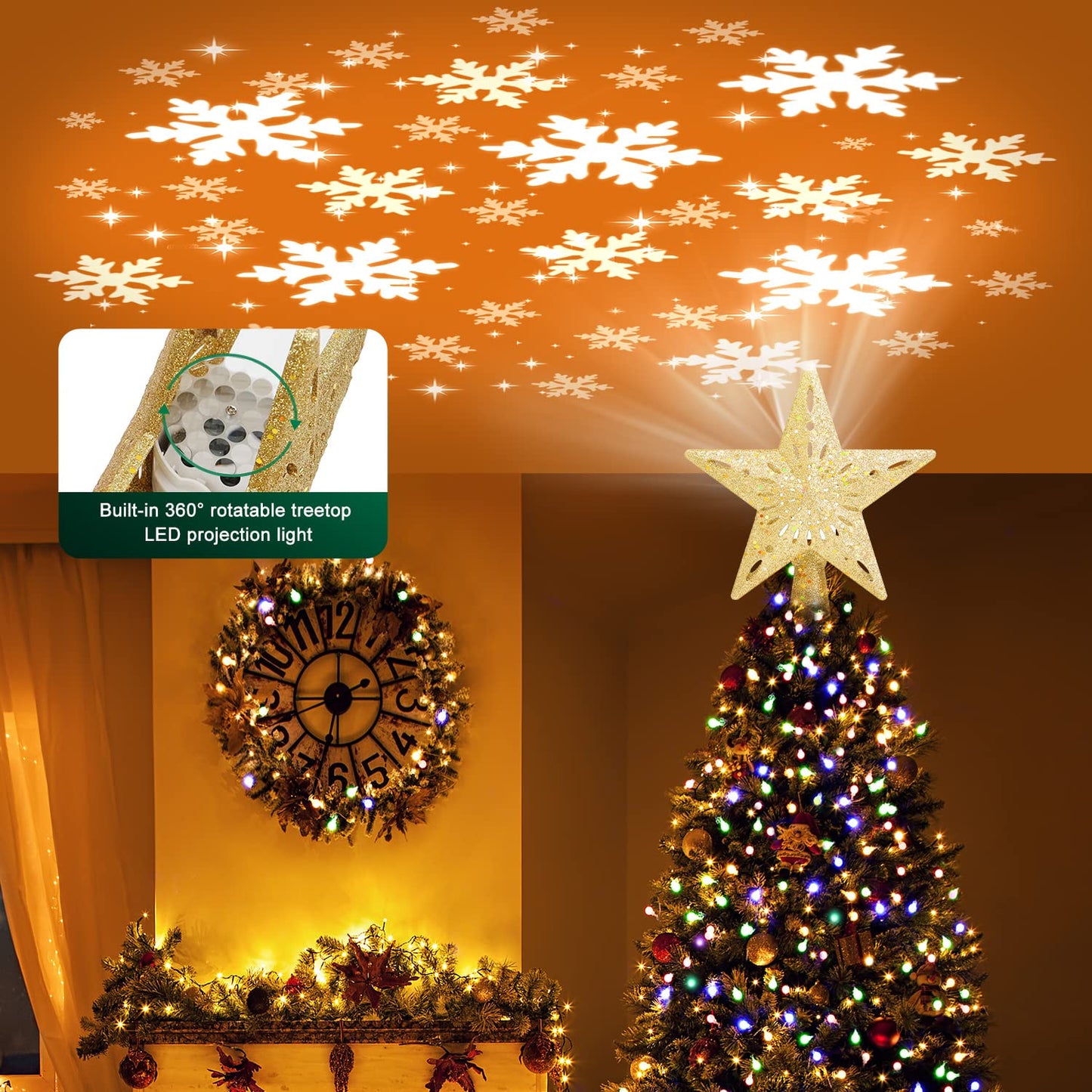 Kesfitt Christmas Tree Topper Golden Lighted with 6 Projection Modes,Christmas Tree Star Built-in LED Rotating Lights, 3D Glitter Dynamic Projection for Xmas Party Holiday Decorations