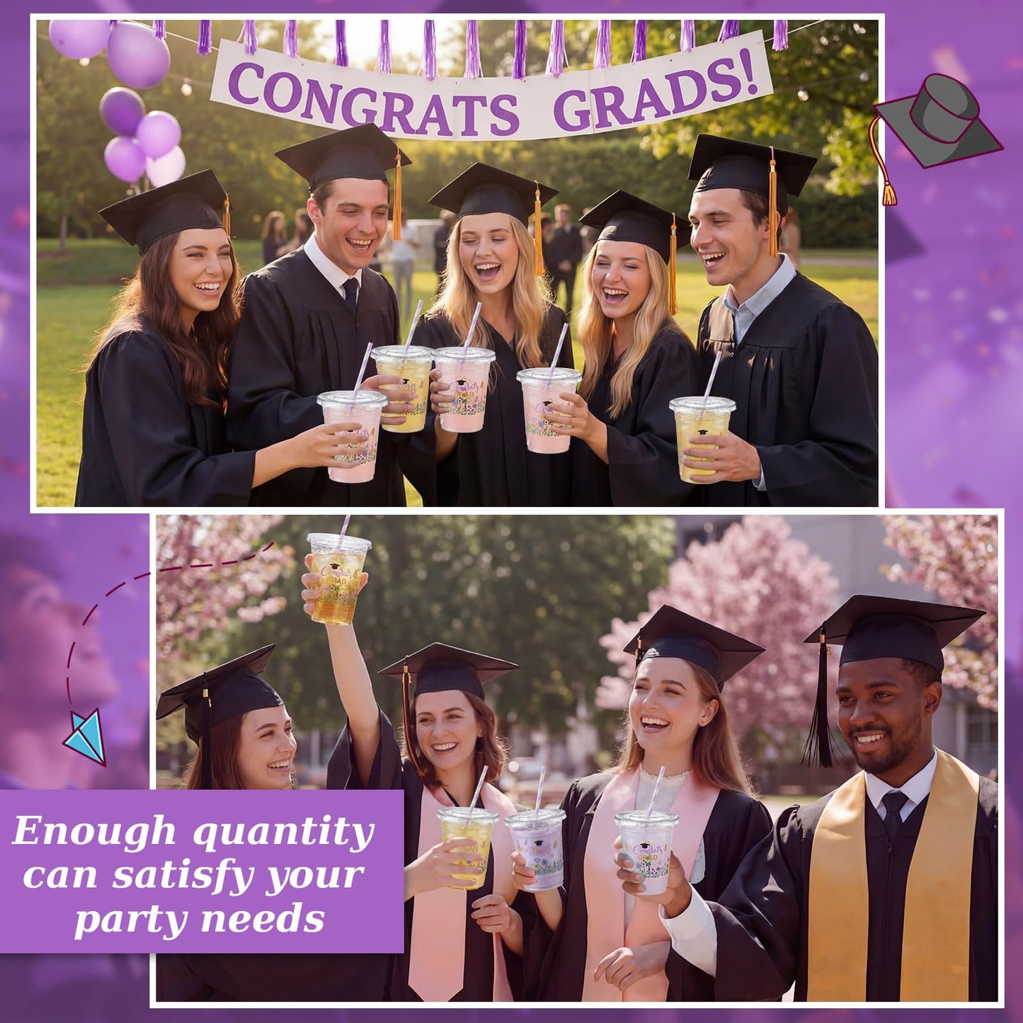 Sliner 50 Sets 16 oz Purple Graduation Plastic Cups Wildflower Congrats Grad Disposable Drinking Cups with Lids and Paper Straws for Hot Cold Drinks Class of 2026 Graduation Party Supplies