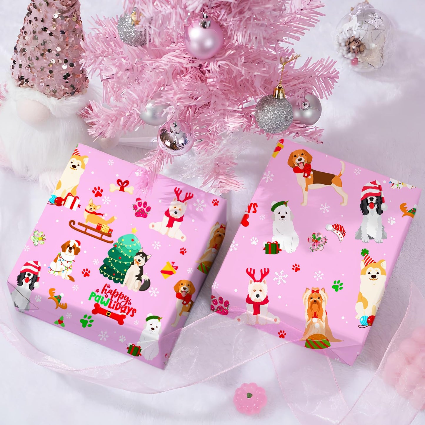Cuitpan Pink Dog Christmas Wrapping Paper - Xmas Gift Wrap with Christmas Trees, Dog Breeds, Paw Prints & Snowflakes Design- Perfect for Kids & Adults Gift Wrapping - 40×28 Inches, 4 Folded Sheets
