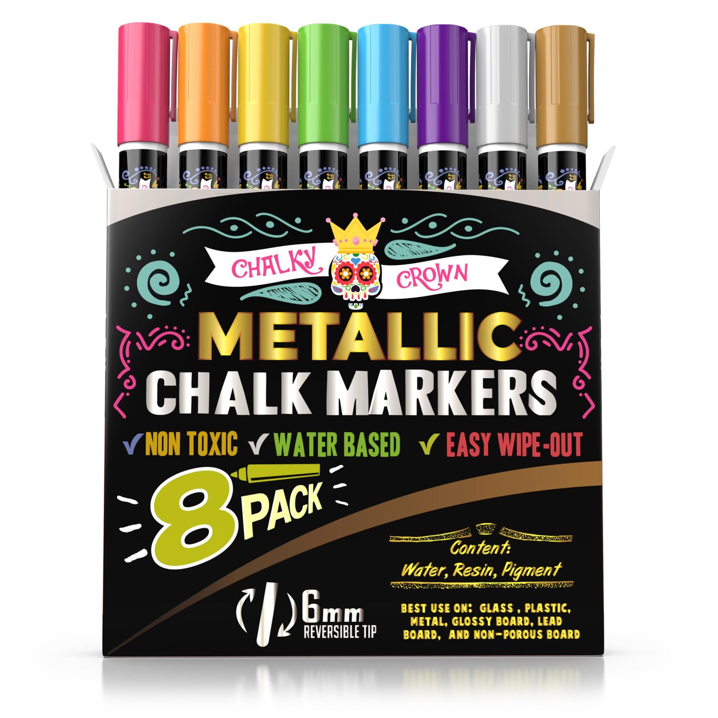 CHALKY CROWN Metallic Liquid Chalk Markers - 8 Pack with Reversible Bullet and Chisel Tips - Dust Free, Erasable, Non-Toxic - Ideal for Blackboards, Windows, and Glass - Writing Tools