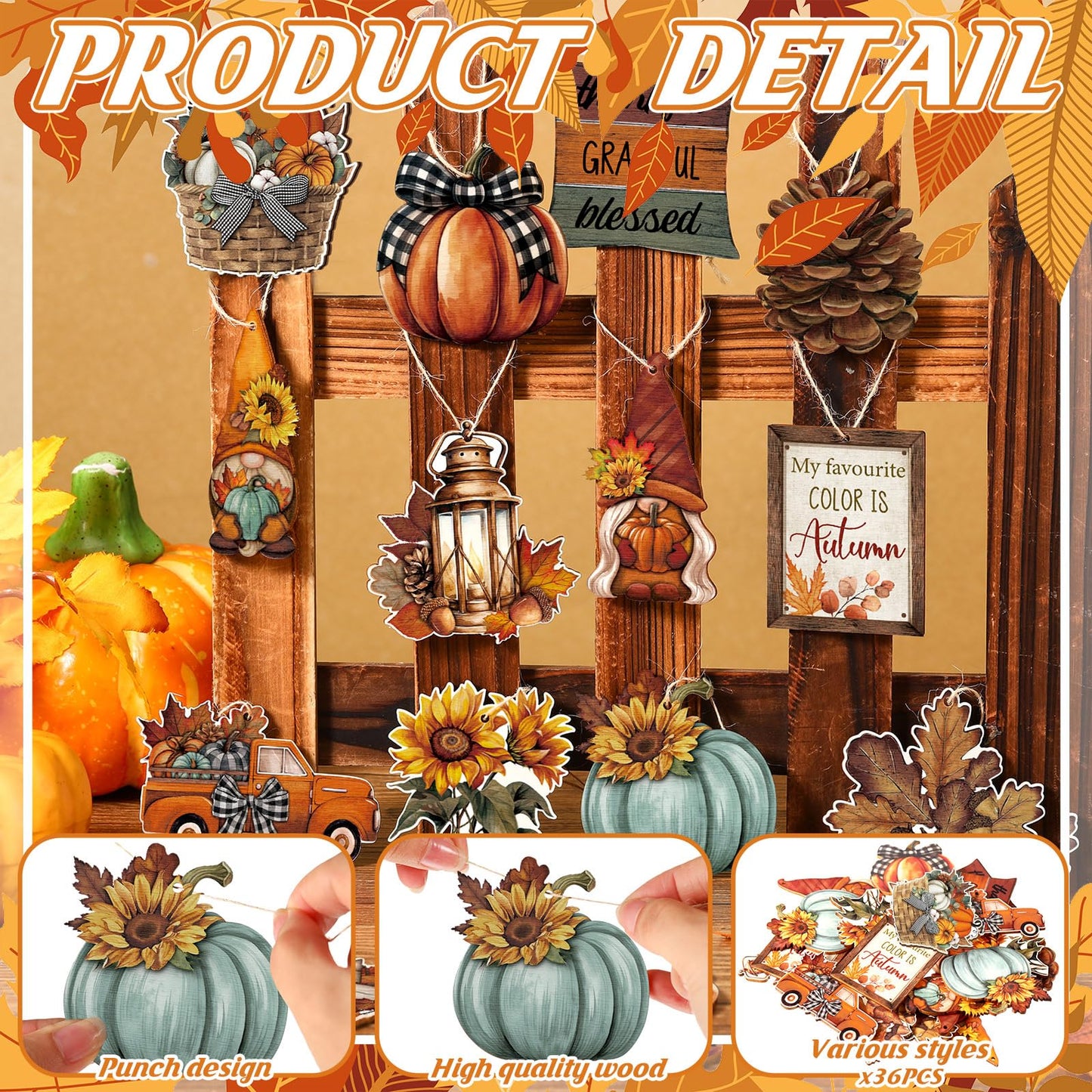 FairySandy 36 Pcs Fall Tree Decorations Thanksgiving Gnomes Ornaments for Tree Wooden Hanging Ornaments Pumpkins Leaves Flowers Cutouts Autumn Decorations for Holiday Party Supply(Classic Style)