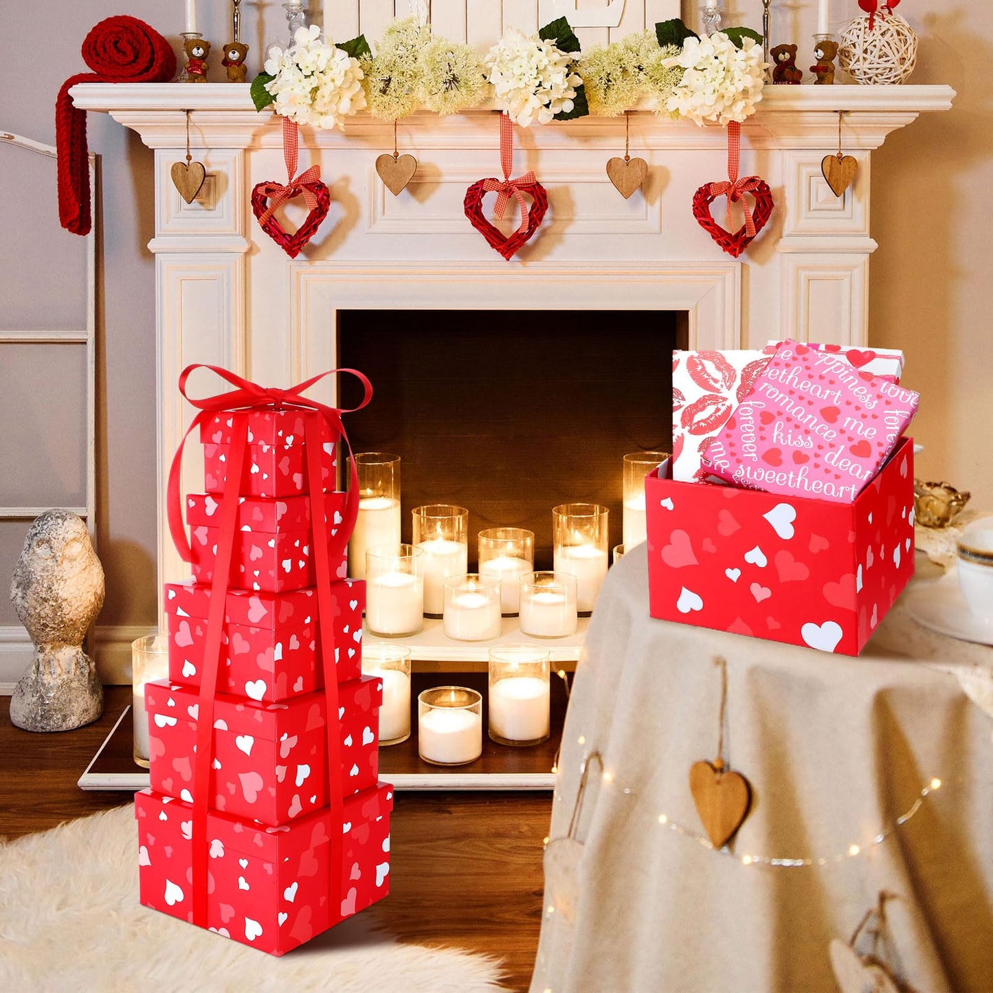 5 Pcs Valentine's Day Gift Boxes Christmas Square Nesting Boxes with Lids Square Box 5 Assorted Sizes Stackable Gift Box for Valentine's Day Christmas Wedding Party Present Packaging