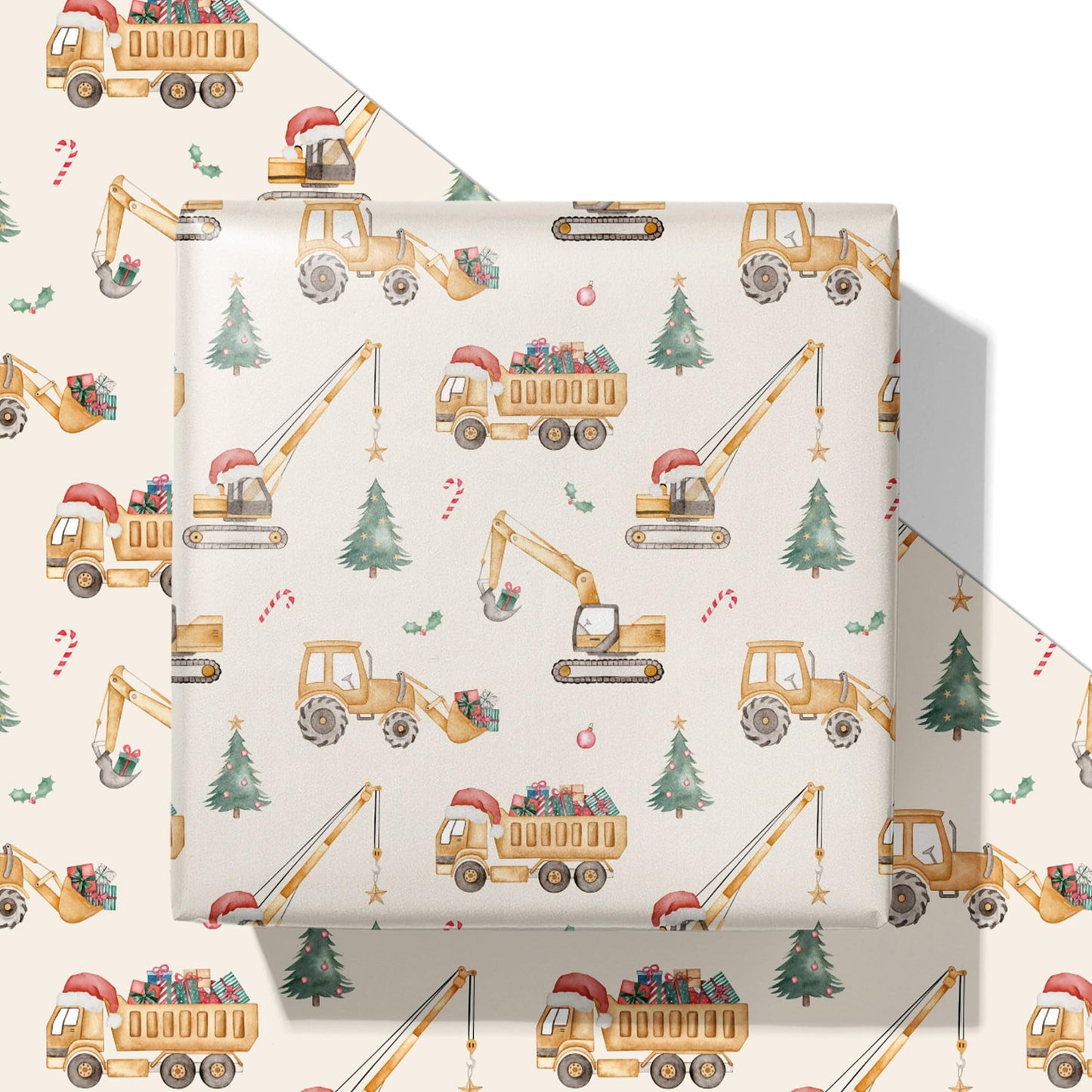 Construction Christmas Wrapping Paper for Kids - Holiday Wrapping Paper with Dump Trucks, Cranes, Excavators with Santa Hats & Gifts, Christmas Tree - 40×28 Inches, 4 Folded Sheets