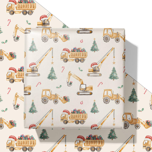 Construction Christmas Wrapping Paper for Kids - Holiday Wrapping Paper with Dump Trucks, Cranes, Excavators with Santa Hats & Gifts, Christmas Tree - 40×28 Inches, 4 Folded Sheets