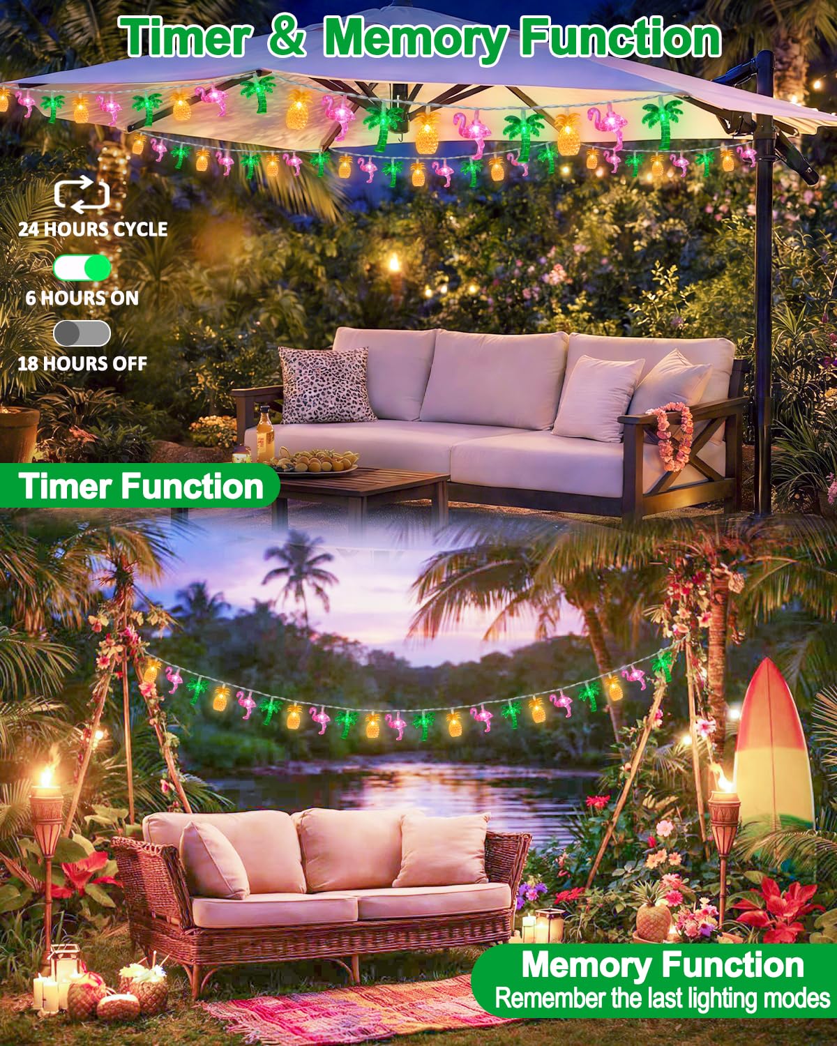 50 LED 25ft Summer Hawaiian Beach String Lights Outdoor with Remote, Flamingo Pineapple Palm Tree Fairy Twinkle Lights Battery Operated with 8 Modes & Timer for Tropical Party Beach Pool Decorations