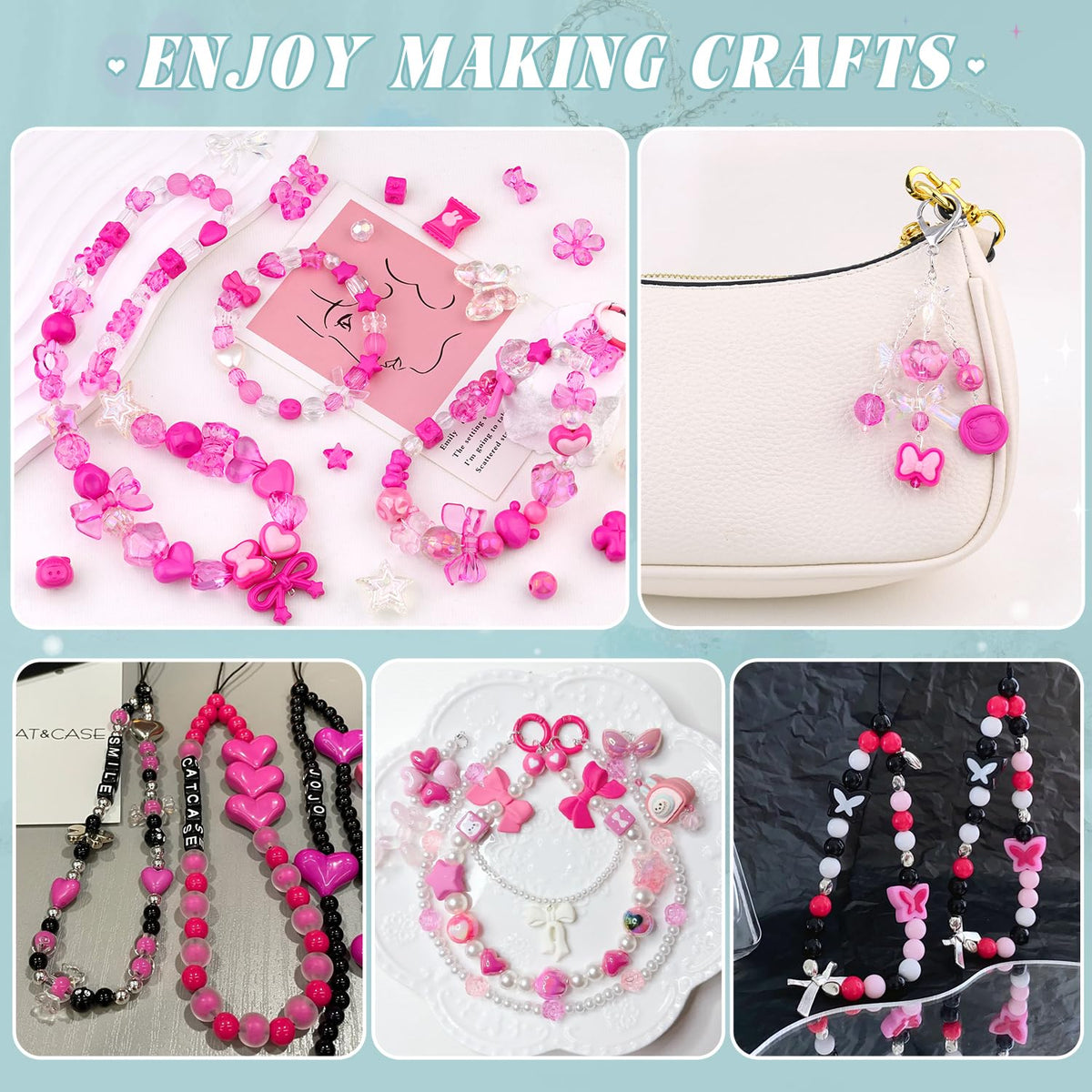 200-260PCS Rose Pink Assorted Acrylic Beads,Cute Beads for Bracelet Jewelry