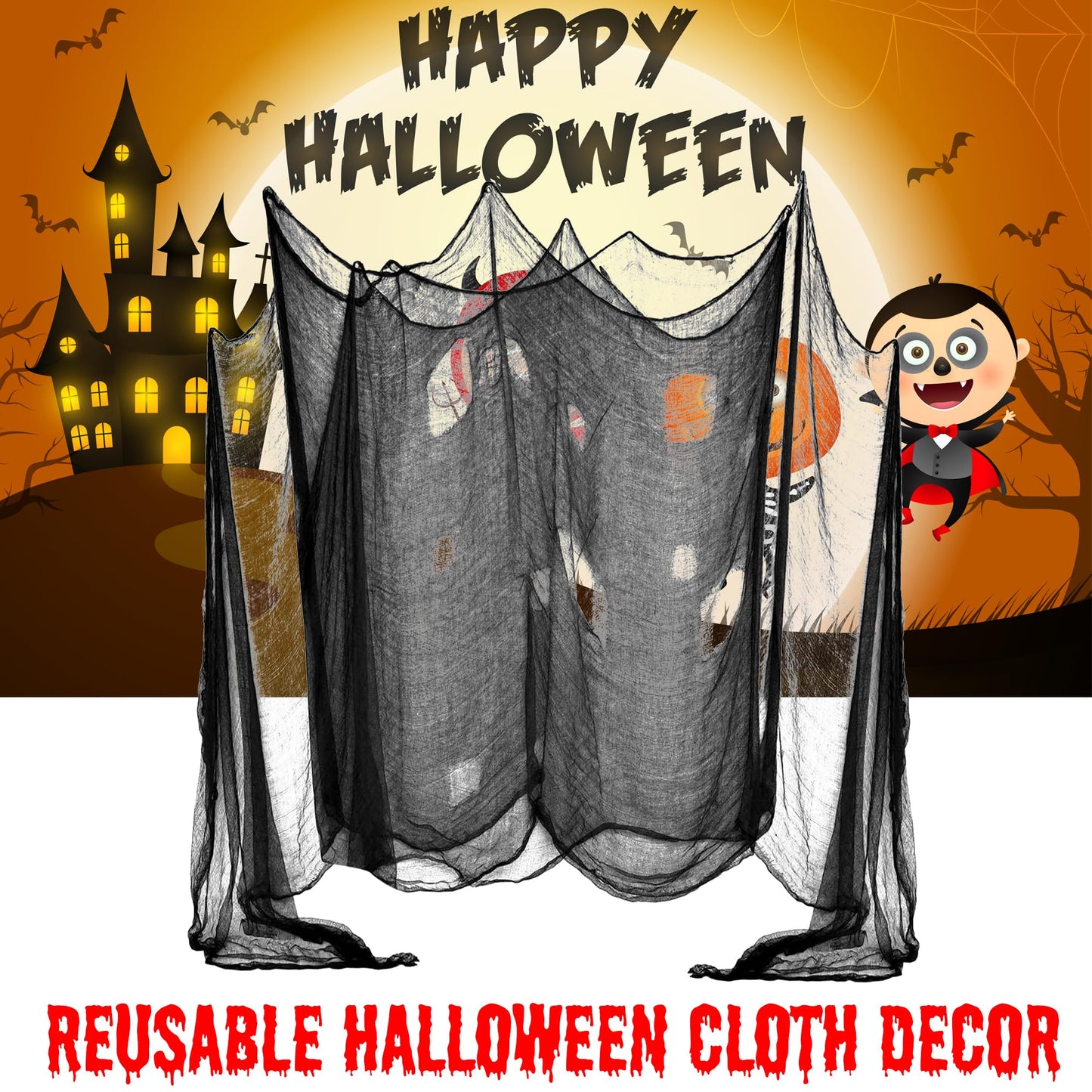 DealKits (48 x 240 in.) Halloween Creepy Cloth, Spooky Giant Cheese Cloth Tapestry for Halloween Party Supplies Decorations Outdoor Yard Home Wall Decor, Black