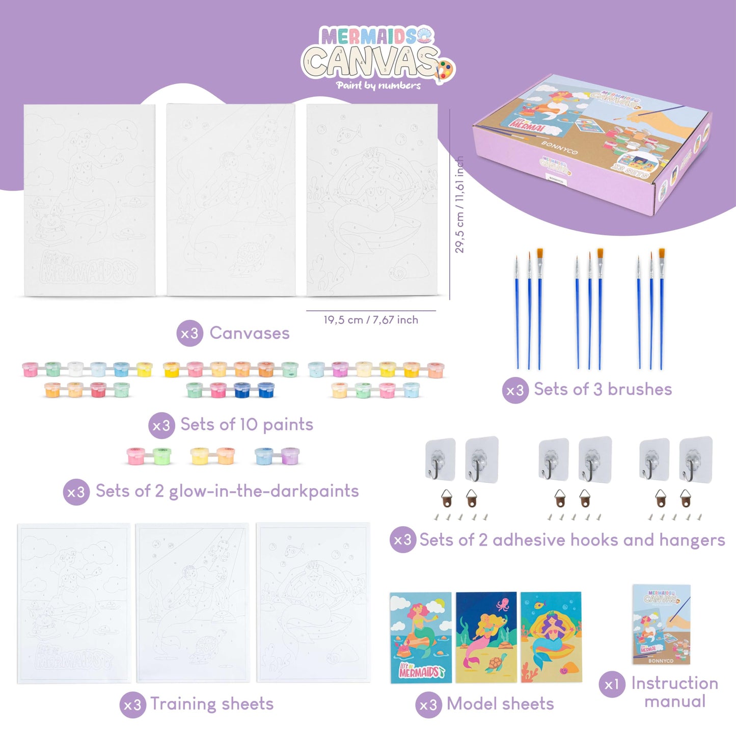 BONNYCO Paint by Numbers Kit for Kids Mermaid Pack 3 Canvas. Paint by Number Canvas Framed Pre Drawn, Mermaid Gifts for Girls Painting. Arts and Kids Crafts 4-6 8-12, Pintar por Numeros Niñas