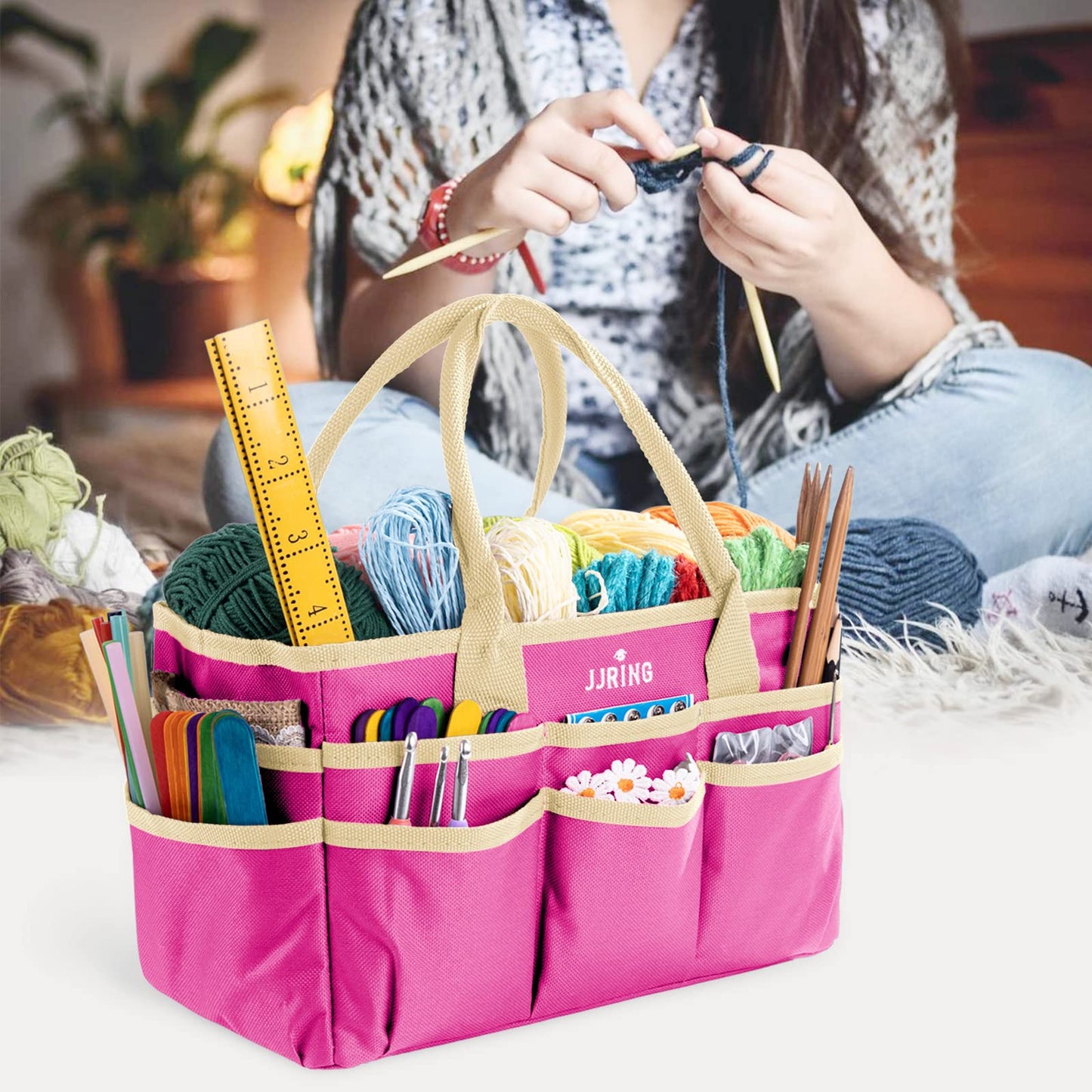 JJRING Craft and Art Tote - 600D Rose Red Nylon Fabric Art Sewing Organizer Bag with Pockets - for Craft, Scrapbooking, Medical, and Office Supplies Storage