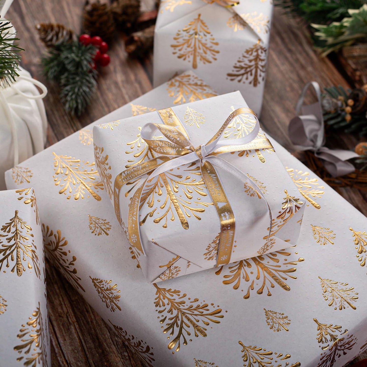 Kraft Christmas Wrapping Paper,White Gold 3D Embossed Foil Christmas Tree with Woodlands Wrap Paper for Holiday, Party,Celebration, New Year (17 Inch X 32.8 Feet)