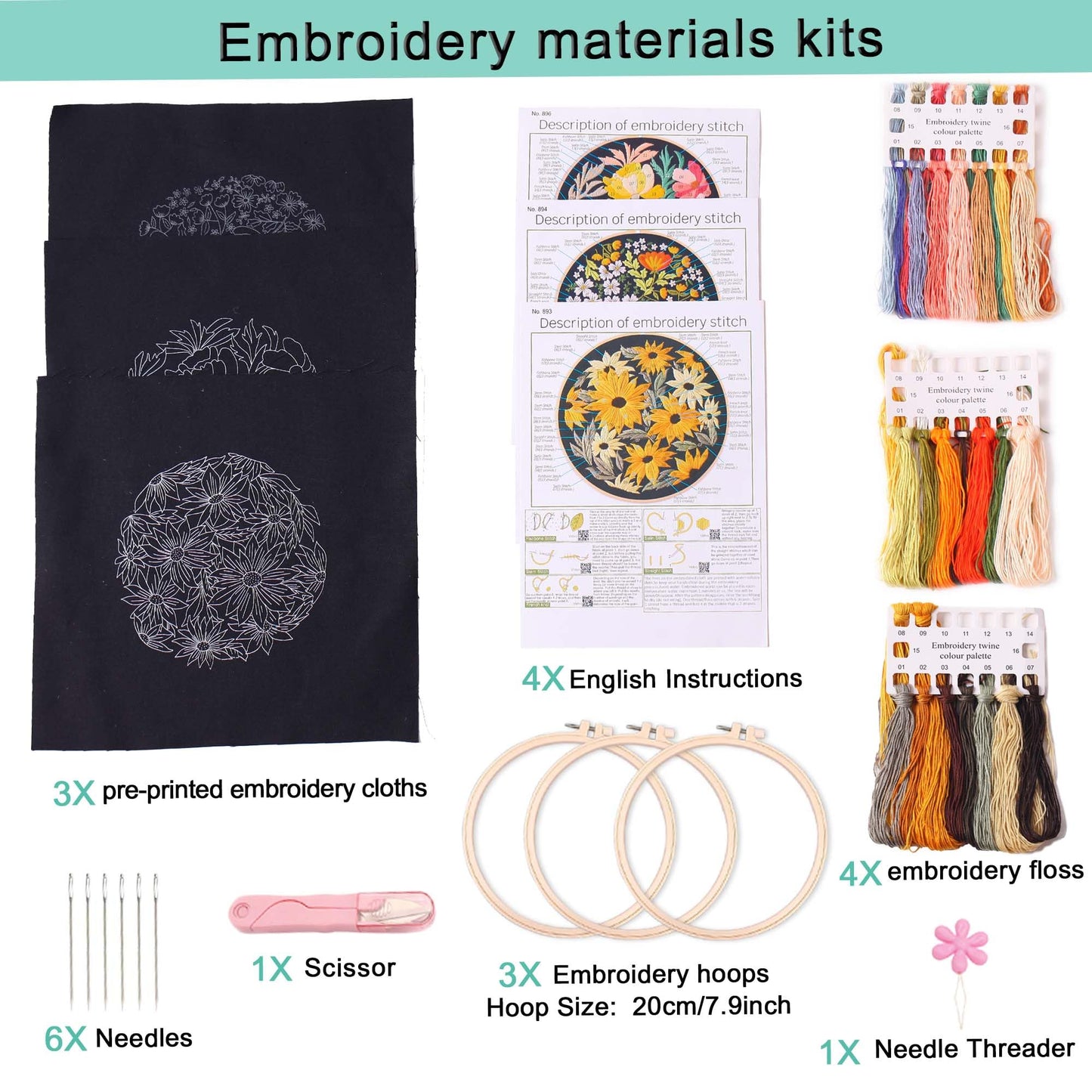 REEWISLY 3Pcs Embroidery Starter Kit with Patterns and Instructions, DIY Adult Cross Stitch Kits Beginner, Including 3 Plastic Embroidery Rings, 1 Scissors, Colored Threads and Needles