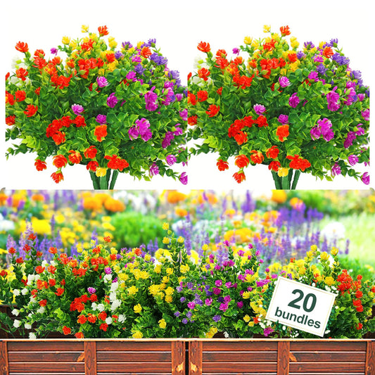 YIBUKIY 20 Bundles Artificial Flowers Outdoor Fake Plants, UV Resistant No Fade Faux Plastic Greenery Shrubs for Hanging Planter Garden Porch Window Box Outside Decoration,Home Indoor Decor, 5 Colors