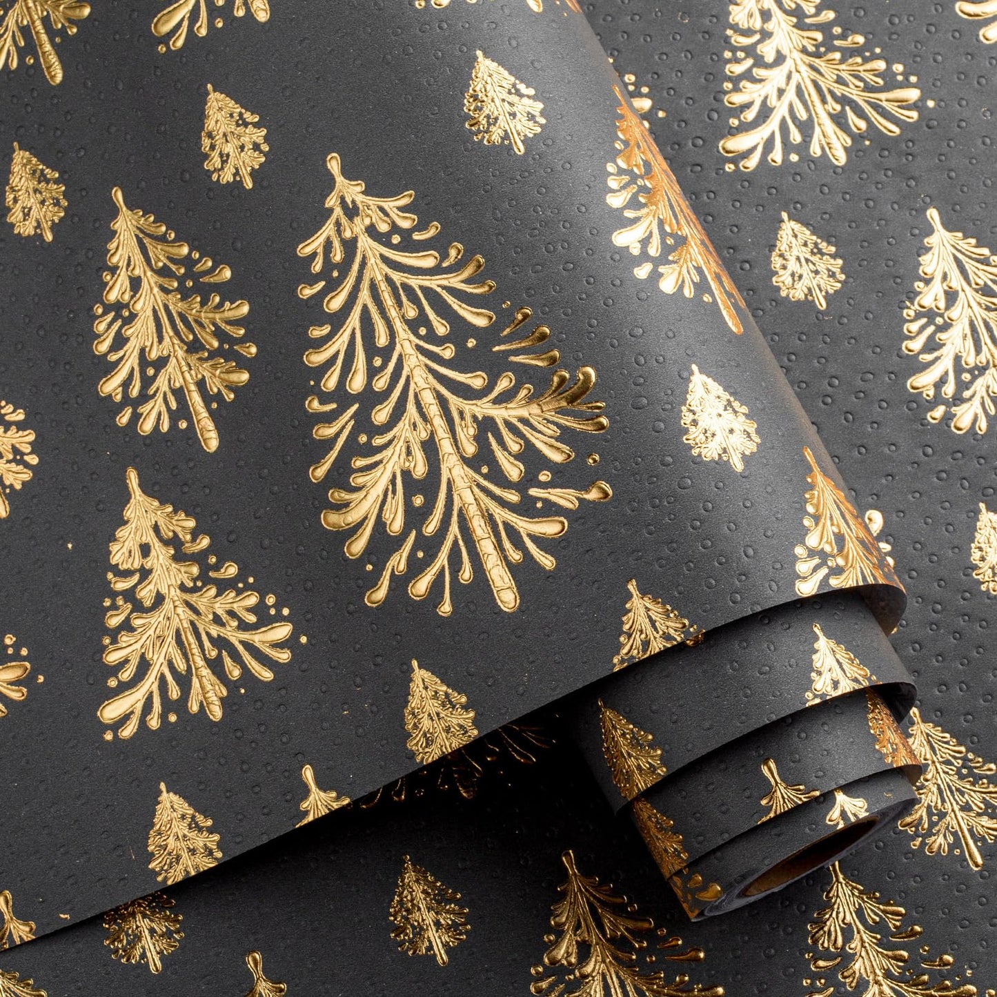 Dark Gray Kraft Christmas Wrapping Paper,Lusury Gold 3D Embossed Foil Christmas Trees Design with Woodlands Wrap Paper for Holiday, Party,Celebration, New Year(17 Inch X 32.8 Feet)