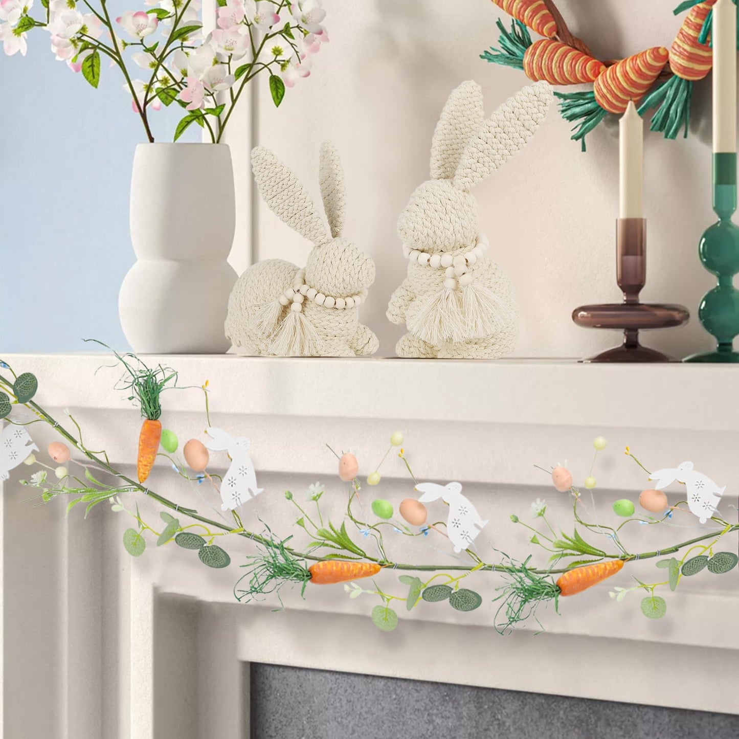 4 FT Easter Garland-Bunny & Carrot Garland Decorations for Mantle, Spring Artificial Garland with Easter Pastel Eggs for Indoor Home Fireplace Table Centerpiece Party Décor