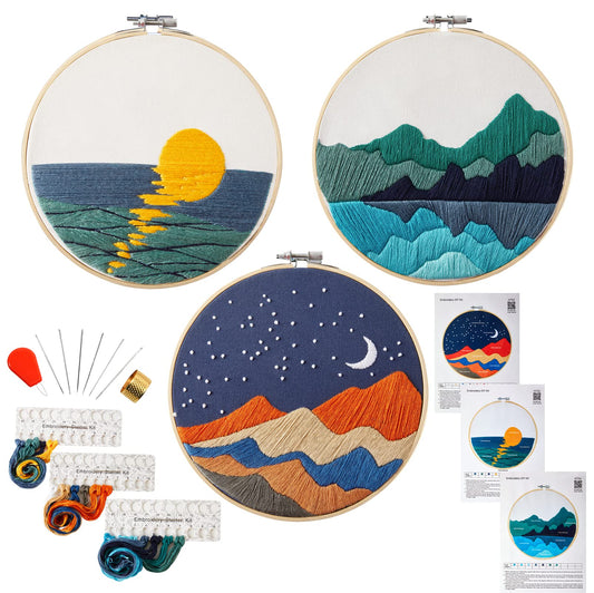 Embroidery Kits for Beginners Adults, Stamped Cross Stitch kits for Adult Beginners Embroidery Starter Kit with Pattern, 3 Embroidery Hoop and Fabric, Needles Threads (Attached Teaching Video QR Code)