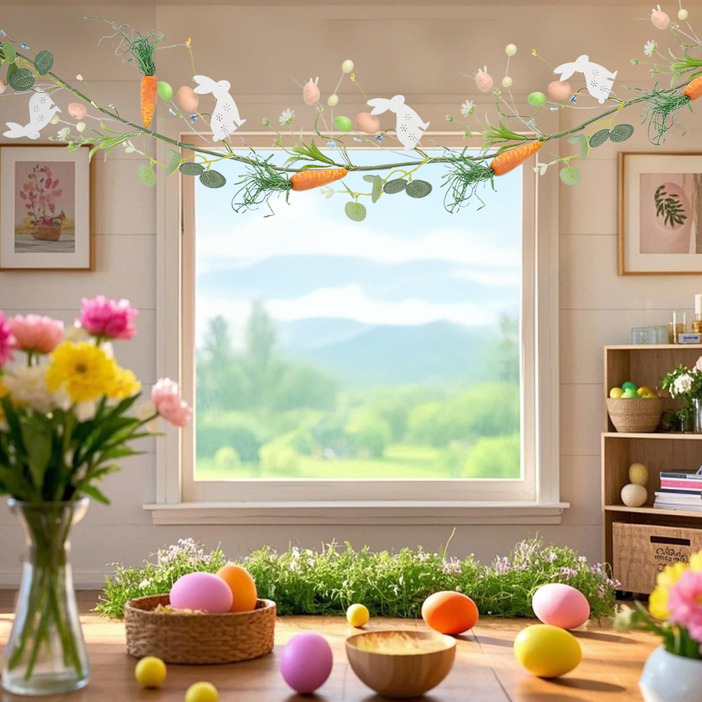 4 FT Easter Garland-Bunny & Carrot Garland Decorations for Mantle, Spring Artificial Garland with Easter Pastel Eggs for Indoor Home Fireplace Table Centerpiece Party Décor