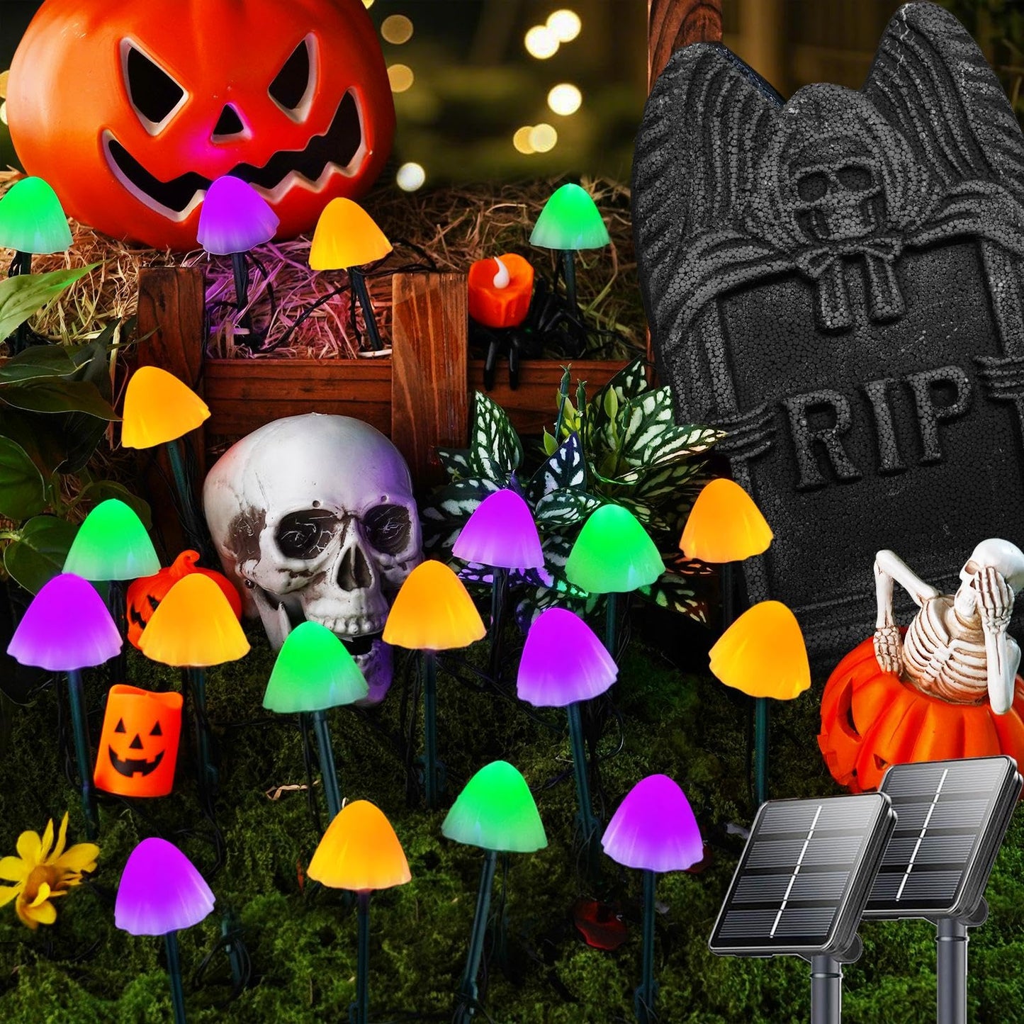 2PK 55FT 32LED Halloween Orange Purple and Green Solar Mushroom Lights Outdoor, Solar String Light with 8 Lighting Modes Auto On/Off, Halloween Garden Lights for Witch Decorations