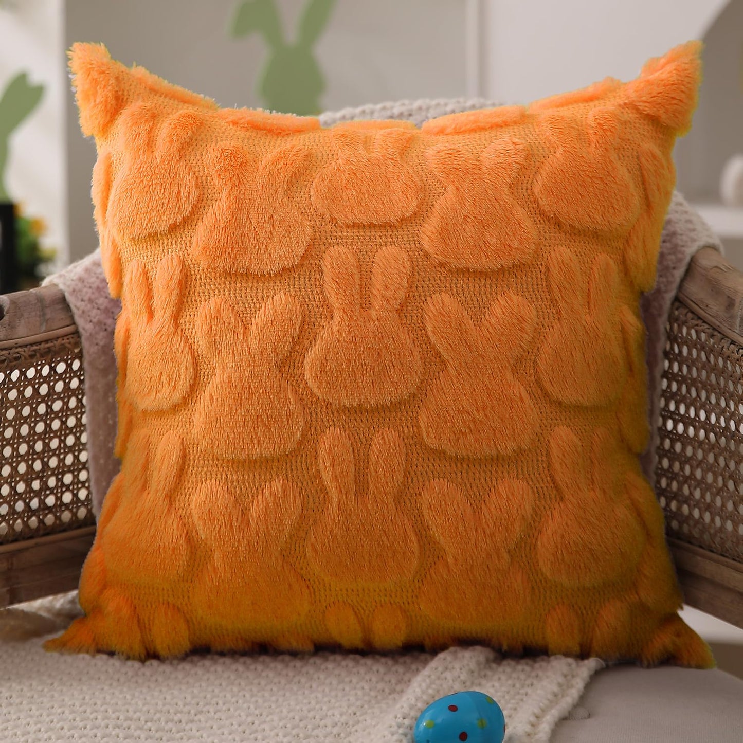 Easter Pillow Covers 18x18 inch Set of 2 Easter Decoration Orange Rabbit Soft Plush Faux Fur Jacquard Throw Pillows for Bedroom Sofa Holiday Festivals Home Decor FHJ-010E18
