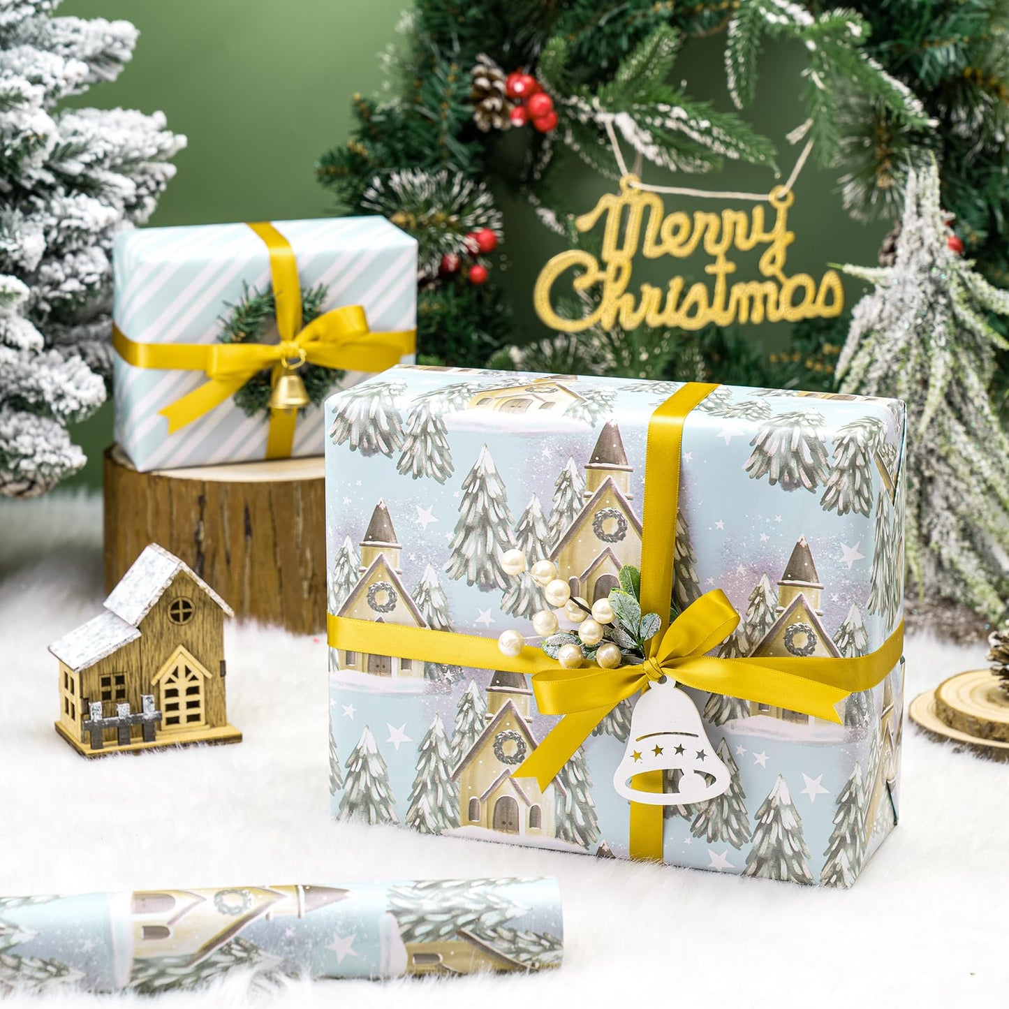 Reversible Christmas Wrapping Paper - Mini Roll - 17 Inch X 33 Feet - Silver and White Christmas Tree and House Printed on Pearlized Paper for Holidays