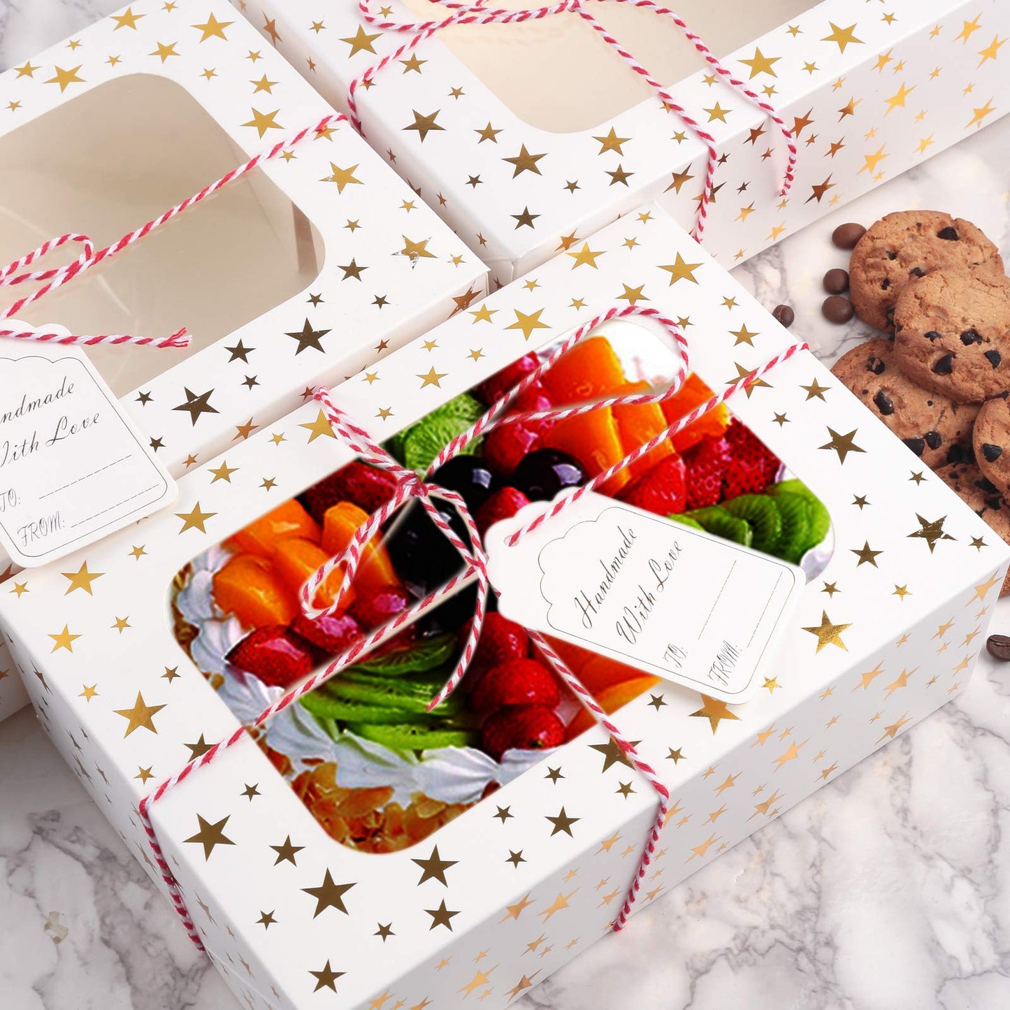 24 PCS Christmas Cookie Boxes for Gift Giving, 9x6x3 Golden Star Christmas Treat Boxes with Window, Auto-Up Holiday Cookie Boxes,Baking Goods Packaging Box for Desserts, Mini Cake, Donuts
