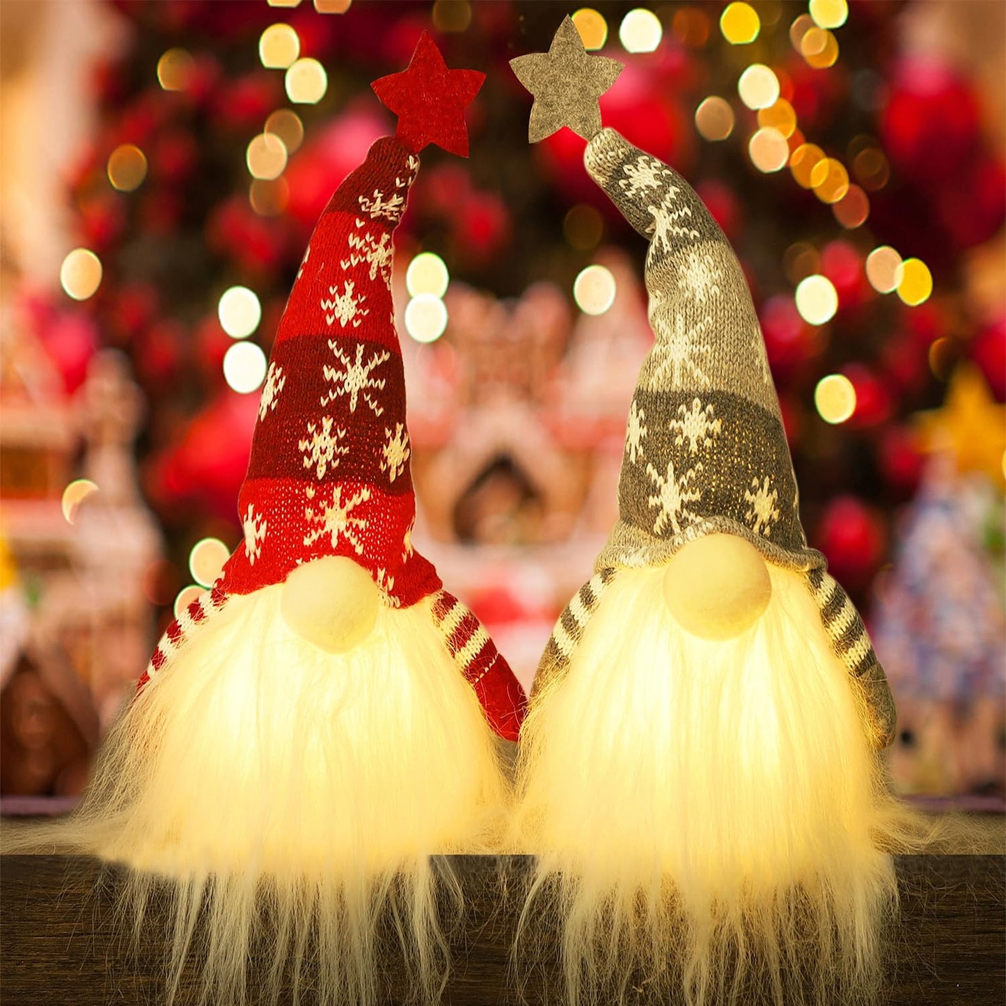 15" Lighted Christmas Gnome, Handmade Plush Scandinavian Swedish Tomte, Light Up Elf Toy Holiday Present, Battery Operated Winter Tabletop Christmas Decorations, 2 Set