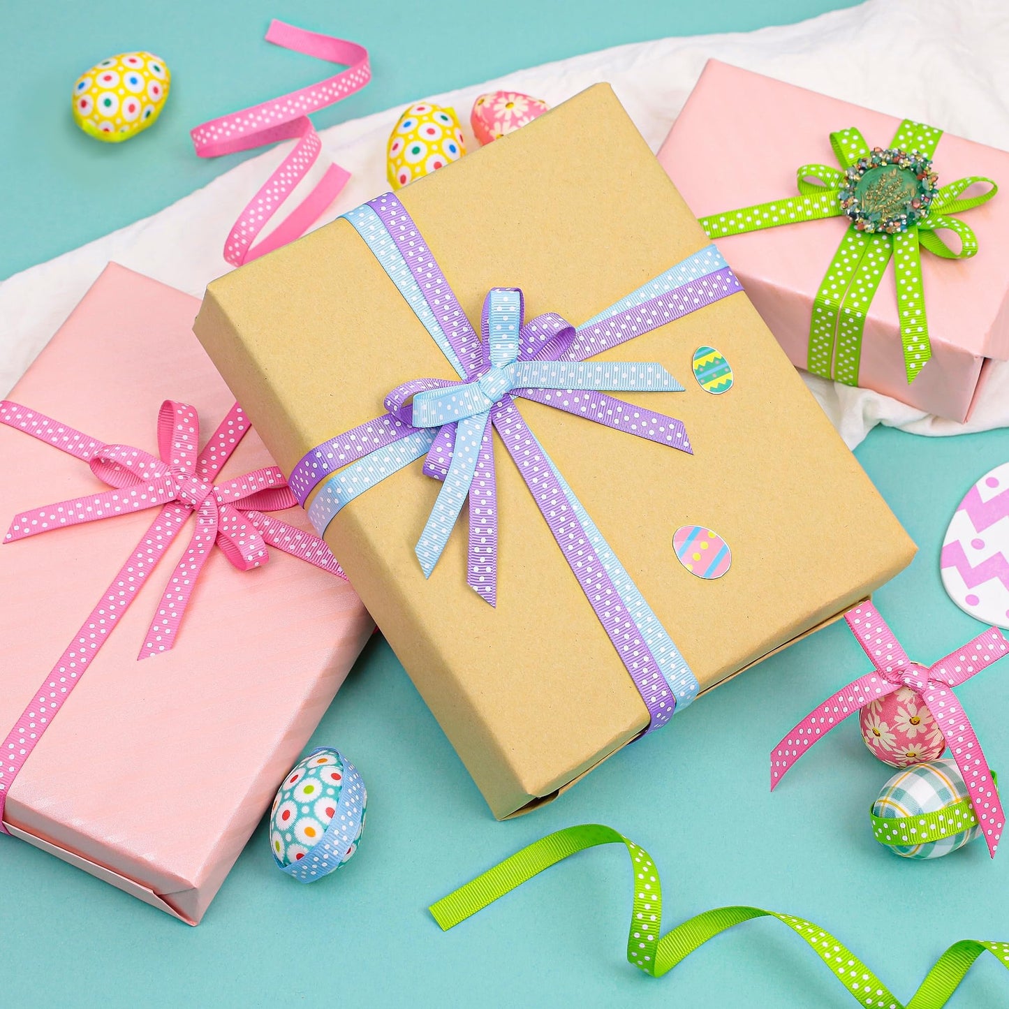 4 Rolls 3/8-Inch Easter Grosgrain Polka Dot Ribbon,Total 40 Yards,(Hot Pink/Blue Mist/Hyacinth/Apple Green),Spring Ribbon Use for Gift Wrapping