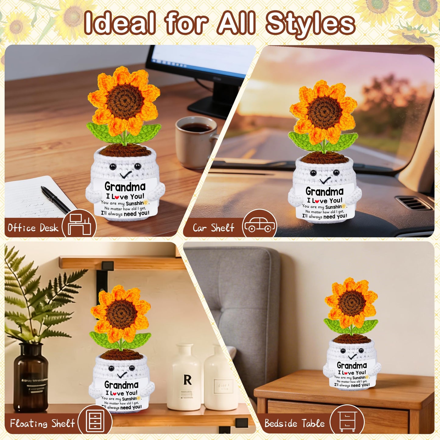 Qunland Easter Gifts for Grandma, Mothers Day Grandma Gifts from Grandkids, Handmade Crochet Mini Sunflower Pot Doll Birthday Gift for Nana Grandmother GaGa, Mother's Day I Love You for Gigi